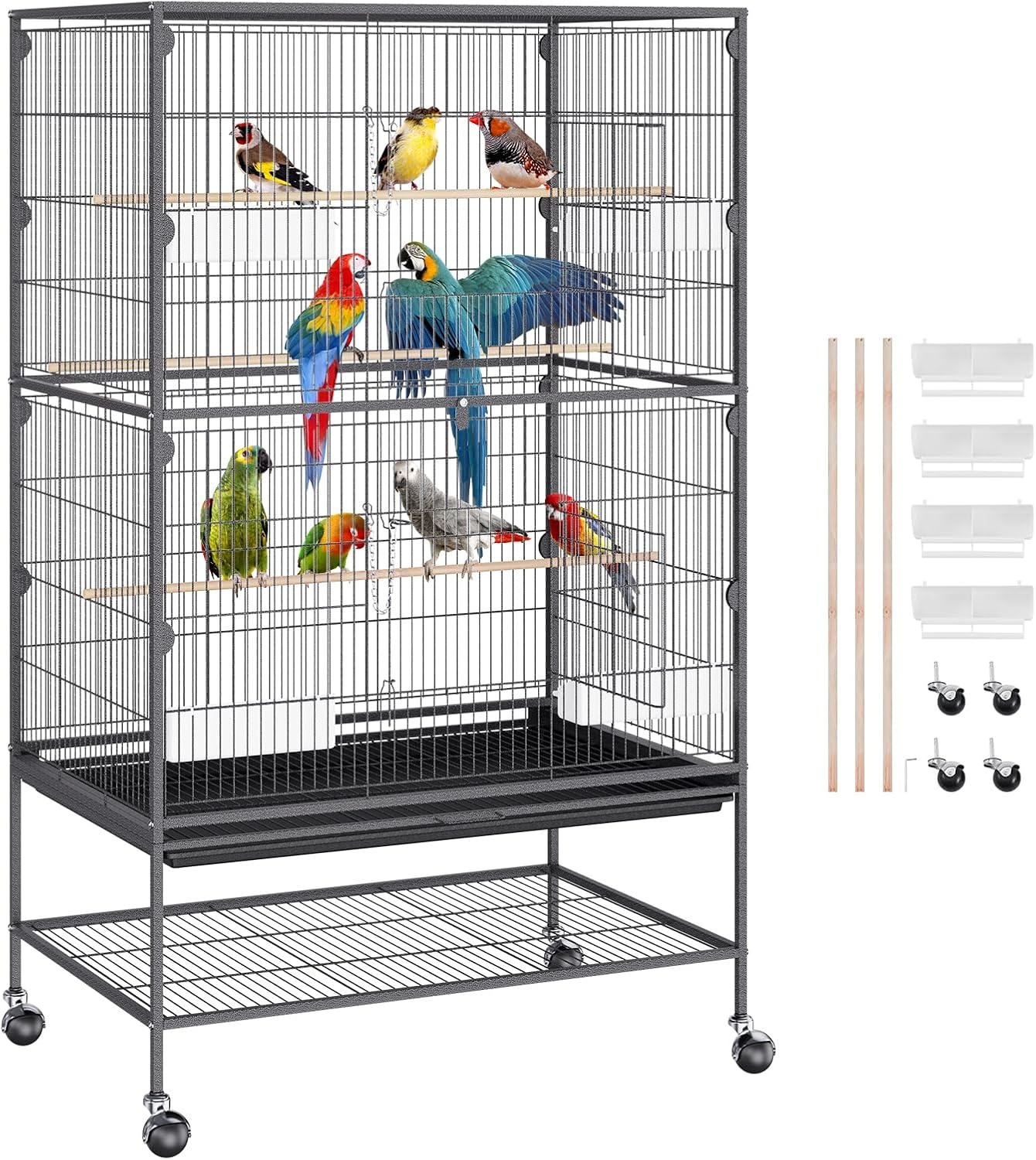 image:imageVEVOR Bird Cage 246 x 167 x 539 inch Flat Top Wrought Iron Bird Flight Cage with Perches SlideOut Tray and Plastic Feeders Casters for Parrot Blue Tit Cockatiel Canary Budgerigar ConureBlack
