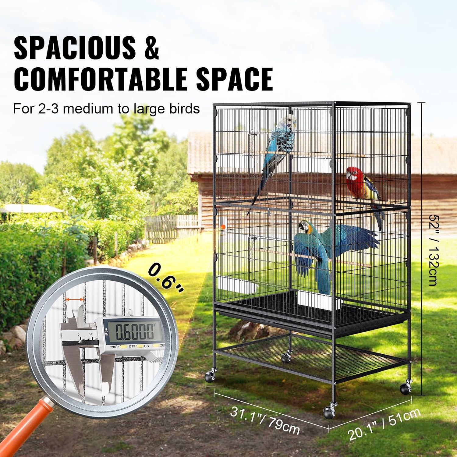 image:imageVEVOR Bird Cage 246 x 167 x 539 inch Flat Top Wrought Iron Bird Flight Cage with Perches SlideOut Tray and Plastic Feeders Casters for Parrot Blue Tit Cockatiel Canary Budgerigar ConureBlack
