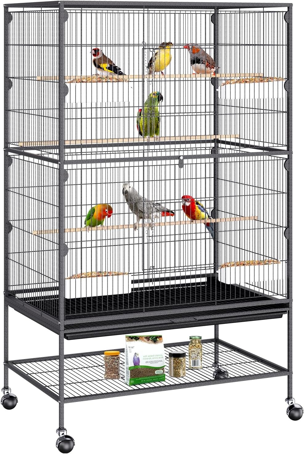 image:imageVEVOR Bird Cage 246 x 167 x 539 inch Flat Top Wrought Iron Bird Flight Cage with Perches SlideOut Tray and Plastic Feeders Casters for Parrot Blue Tit Cockatiel Canary Budgerigar ConureBlack