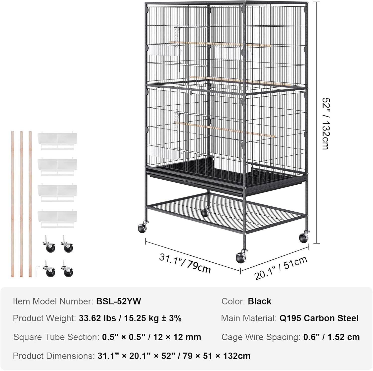 image:imageVEVOR Bird Cage 246 x 167 x 539 inch Flat Top Wrought Iron Bird Flight Cage with Perches SlideOut Tray and Plastic Feeders Casters for Parrot Blue Tit Cockatiel Canary Budgerigar ConureBlack