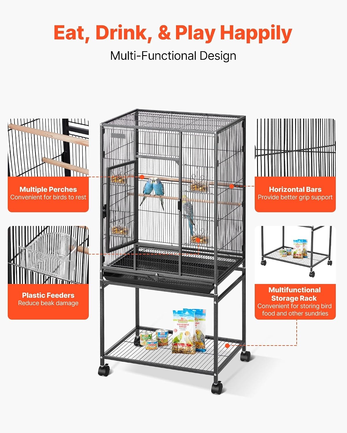 image:imageVEVOR Bird Cage 246 x 167 x 539 inch Flat Top Wrought Iron Bird Flight Cage with Perches SlideOut Tray and Plastic Feeders Casters for Parrot Blue Tit Cockatiel Canary Budgerigar ConureBlack
