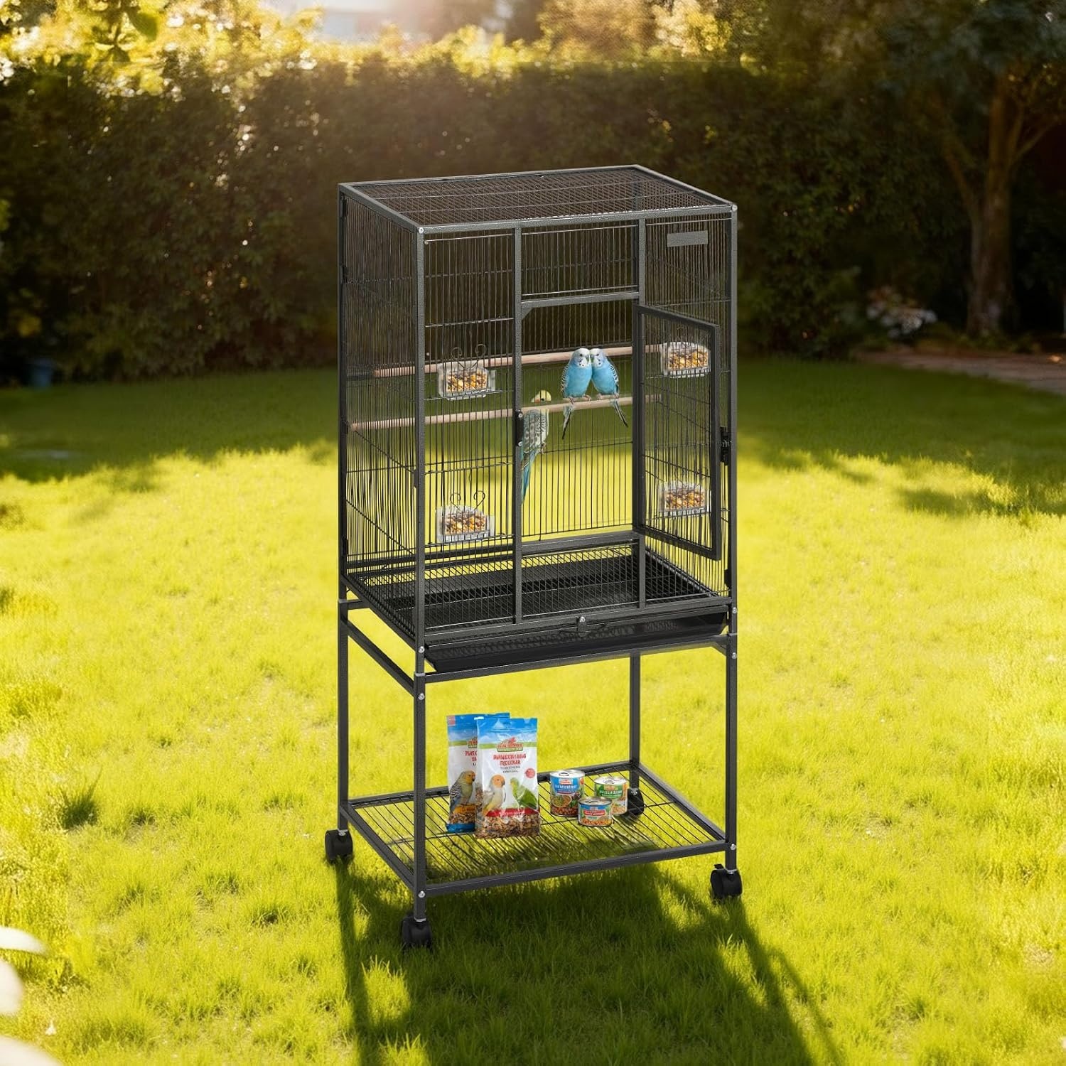 image:imageVEVOR Bird Cage 246 x 167 x 539 inch Flat Top Wrought Iron Bird Flight Cage with Perches SlideOut Tray and Plastic Feeders Casters for Parrot Blue Tit Cockatiel Canary Budgerigar ConureBlack