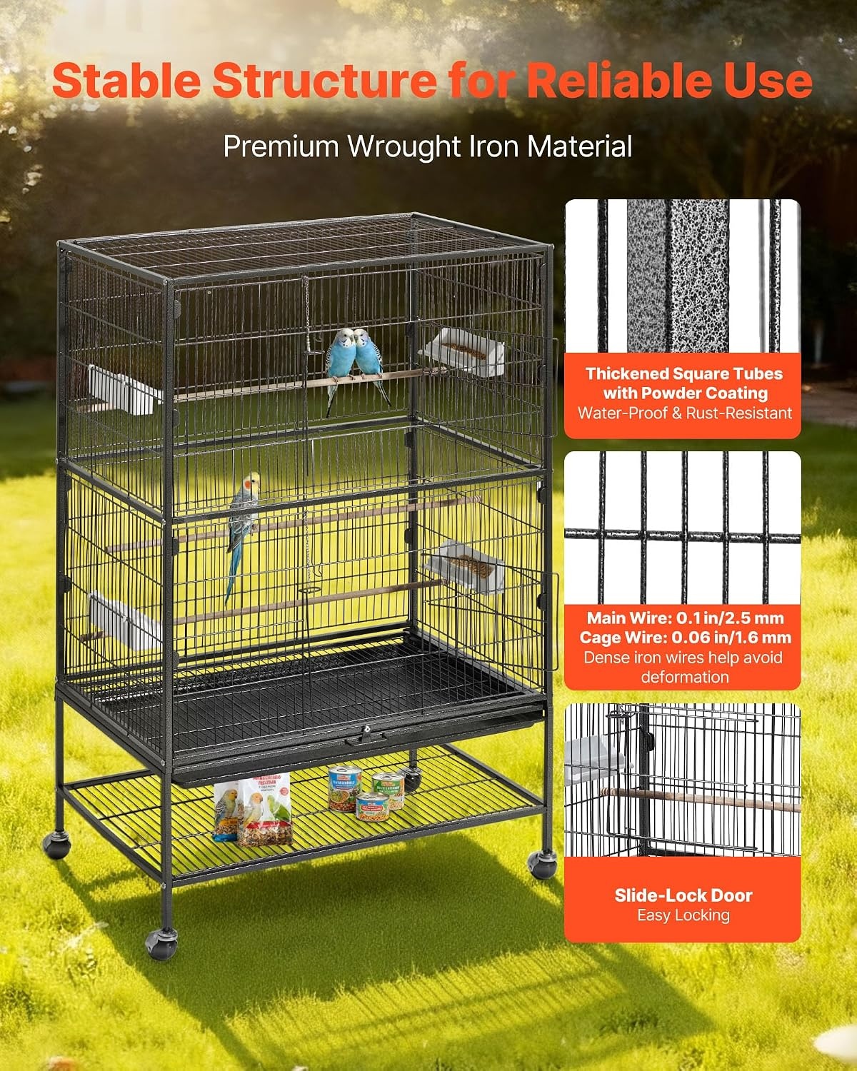 image:imageVEVOR Bird Cage 246 x 167 x 539 inch Flat Top Wrought Iron Bird Flight Cage with Perches SlideOut Tray and Plastic Feeders Casters for Parrot Blue Tit Cockatiel Canary Budgerigar ConureBlack