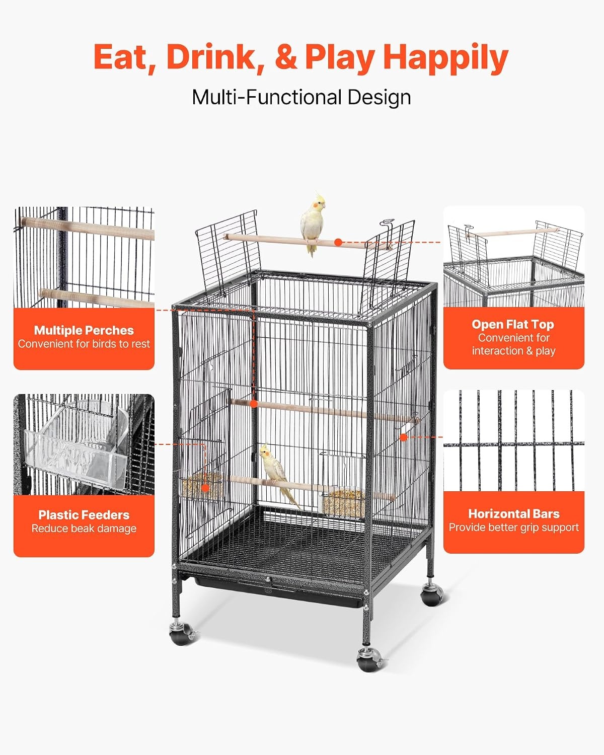 image:imageVEVOR Bird Cage 246 x 167 x 539 inch Flat Top Wrought Iron Bird Flight Cage with Perches SlideOut Tray and Plastic Feeders Casters for Parrot Blue Tit Cockatiel Canary Budgerigar ConureBlack