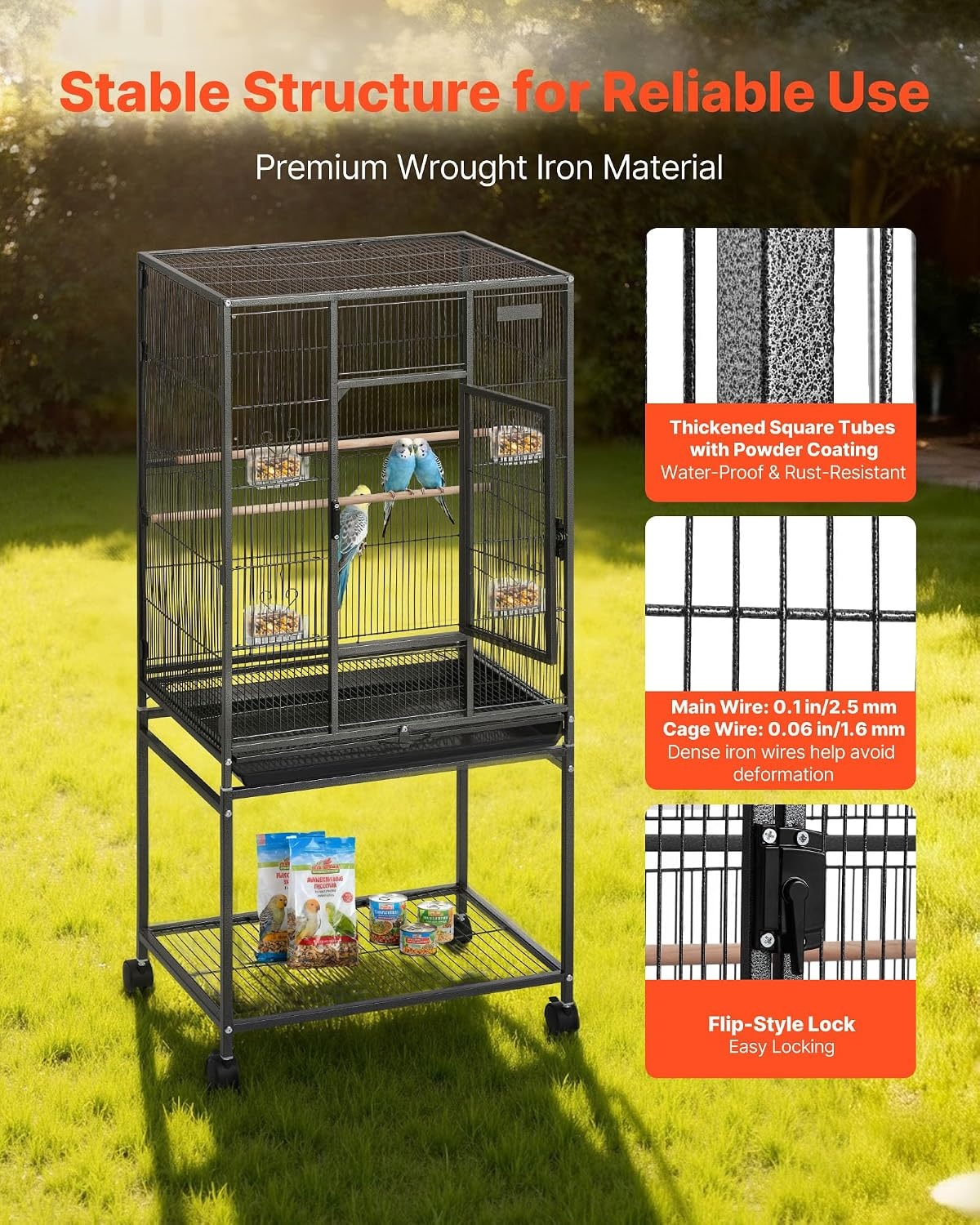 image:imageVEVOR Bird Cage 246 x 167 x 539 inch Flat Top Wrought Iron Bird Flight Cage with Perches SlideOut Tray and Plastic Feeders Casters for Parrot Blue Tit Cockatiel Canary Budgerigar ConureBlack