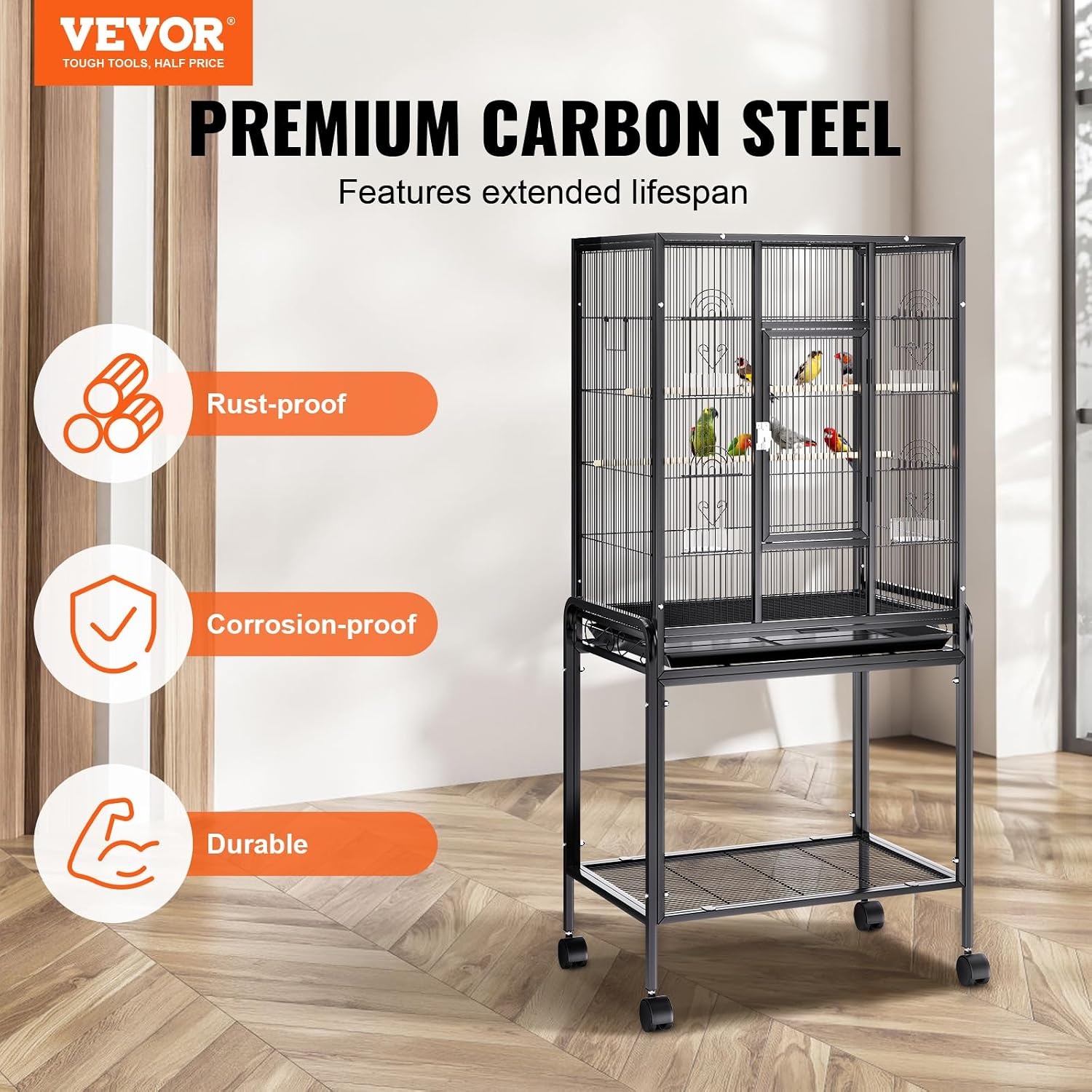 image:imageVEVOR Bird Cage 246 x 167 x 539 inch Flat Top Wrought Iron Bird Flight Cage with Perches SlideOut Tray and Plastic Feeders Casters for Parrot Blue Tit Cockatiel Canary Budgerigar ConureBlack