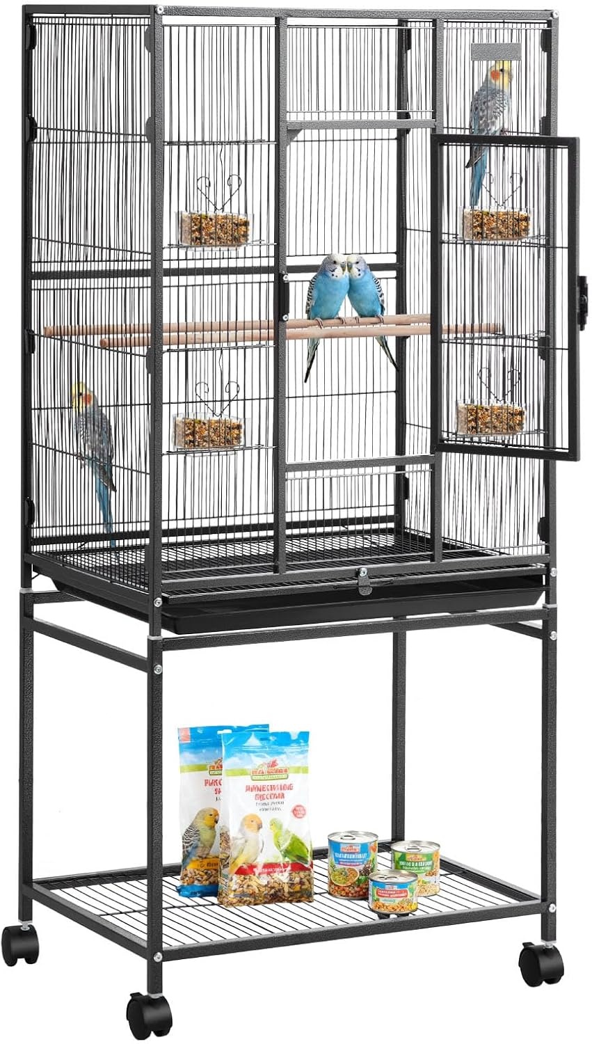 image:imageVEVOR Bird Cage 246 x 167 x 539 inch Flat Top Wrought Iron Bird Flight Cage with Perches SlideOut Tray and Plastic Feeders Casters for Parrot Blue Tit Cockatiel Canary Budgerigar ConureBlack