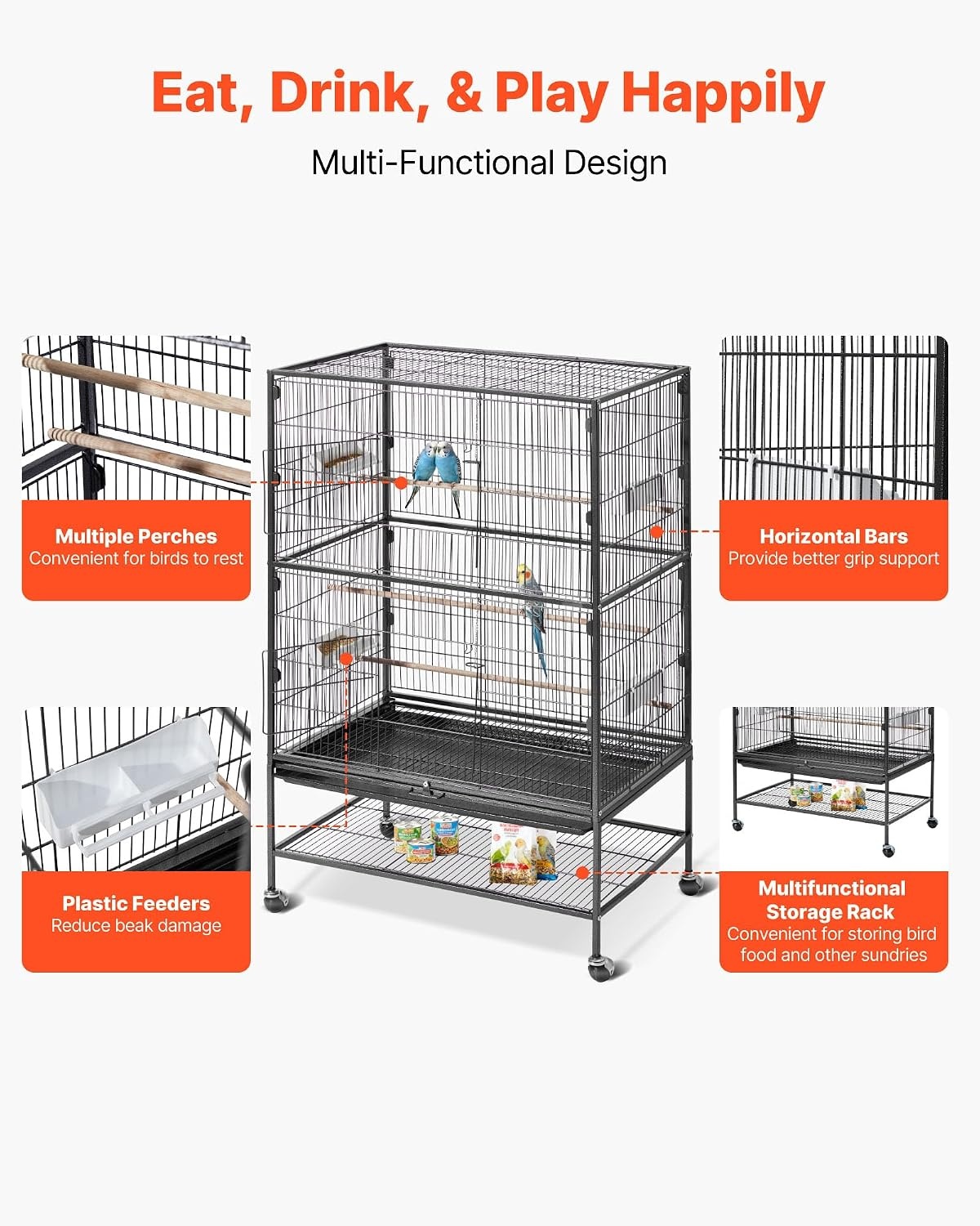 image:imageVEVOR Bird Cage 246 x 167 x 539 inch Flat Top Wrought Iron Bird Flight Cage with Perches SlideOut Tray and Plastic Feeders Casters for Parrot Blue Tit Cockatiel Canary Budgerigar ConureBlack