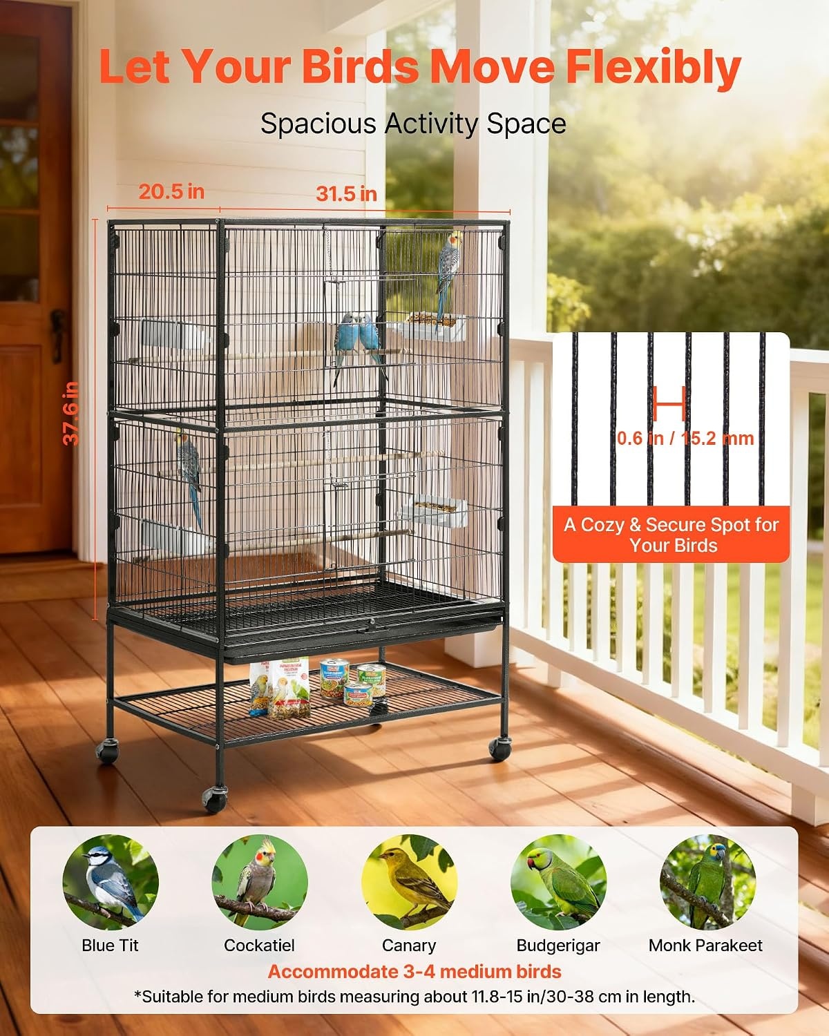 image:imageVEVOR Bird Cage 246 x 167 x 539 inch Flat Top Wrought Iron Bird Flight Cage with Perches SlideOut Tray and Plastic Feeders Casters for Parrot Blue Tit Cockatiel Canary Budgerigar ConureBlack