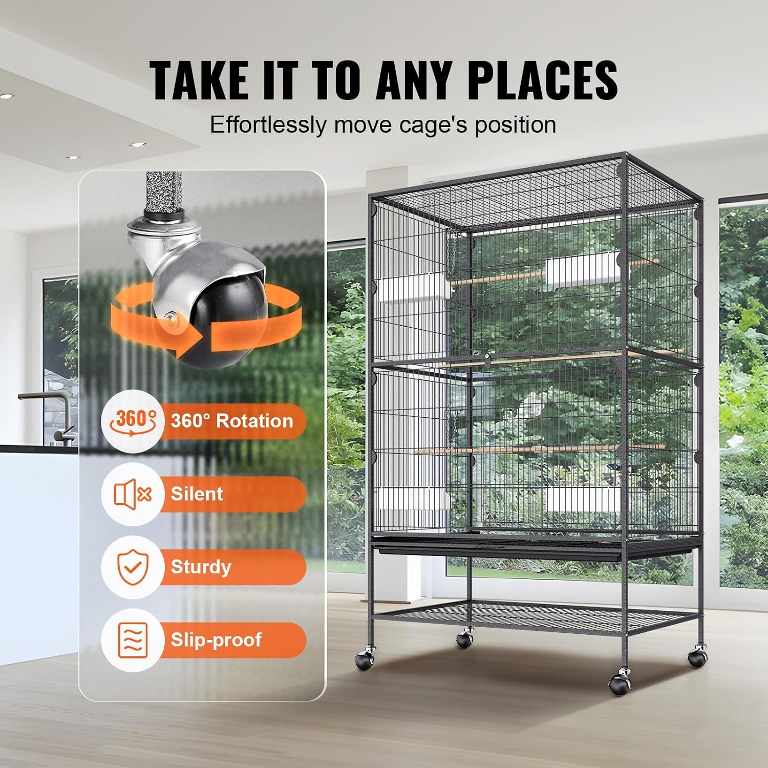 image:imageVEVOR Bird Cage 246 x 167 x 539 inch Flat Top Wrought Iron Bird Flight Cage with Perches SlideOut Tray and Plastic Feeders Casters for Parrot Blue Tit Cockatiel Canary Budgerigar ConureBlack