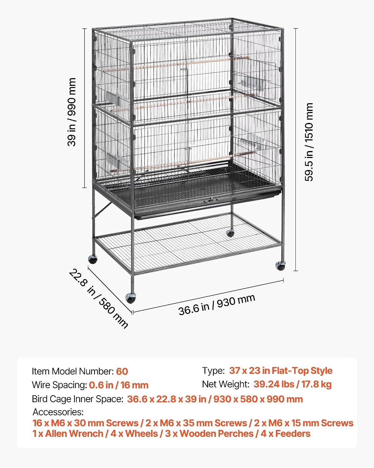 image:imageVEVOR Bird Cage 246 x 167 x 539 inch Flat Top Wrought Iron Bird Flight Cage with Perches SlideOut Tray and Plastic Feeders Casters for Parrot Blue Tit Cockatiel Canary Budgerigar ConureBlack
