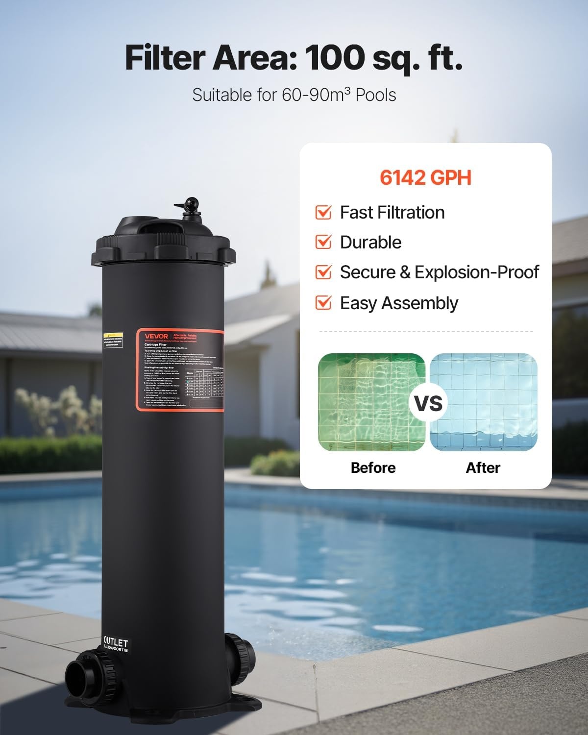 image:imageVEVOR CC150 Pool Filter Cartridge Replacement for Pentair Clean amp Clear 150 Replace Pleatco PAP150 Pentair R173216 Unicel C9415 150 sqftL x OD31 18 x10 116Cartridge Tank Element