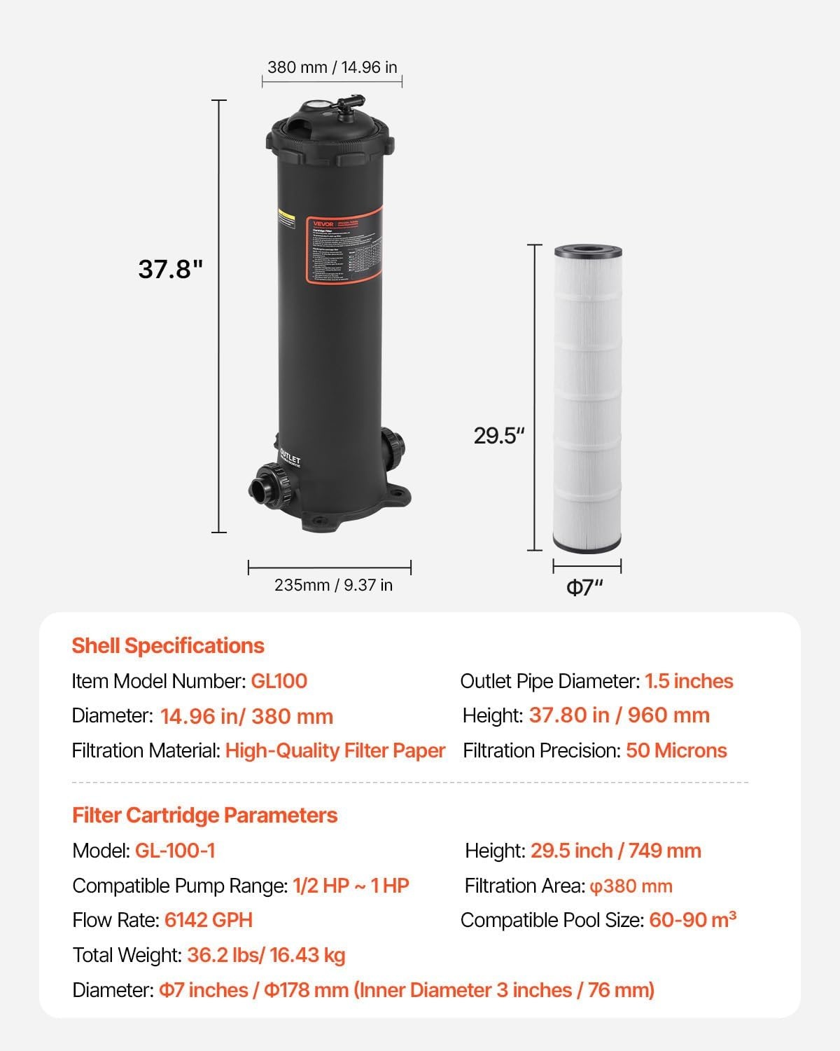 image:imageVEVOR CC150 Pool Filter Cartridge Replacement for Pentair Clean amp Clear 150 Replace Pleatco PAP150 Pentair R173216 Unicel C9415 150 sqftL x OD31 18 x10 116Cartridge Tank Element