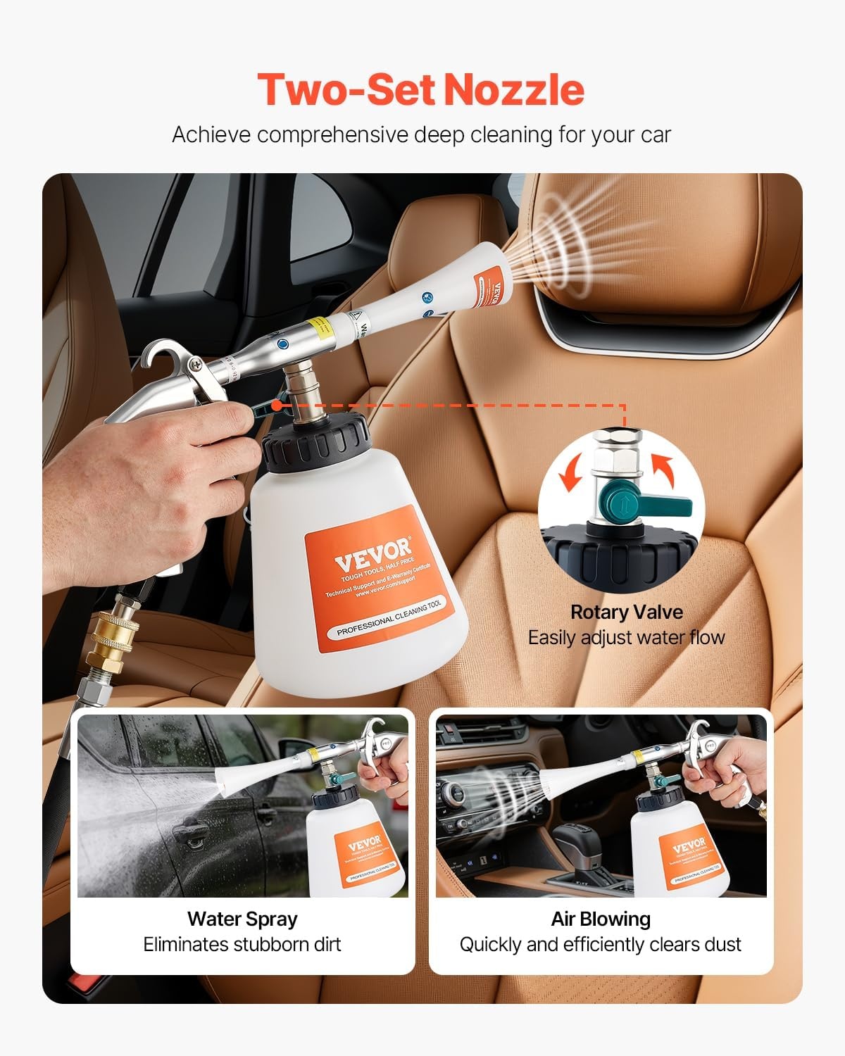 image:imageVEVOR Car Cleaning Gun 692 Bar HighPressure Air Blow Gun with 2 Set Nozzles amp 1L Liquid Bottle Vortex Cleaning Gun Quickly Blasts Dirt and Dust from Surface Work with 14 NPT Air CompressorRubber Rotating Hose