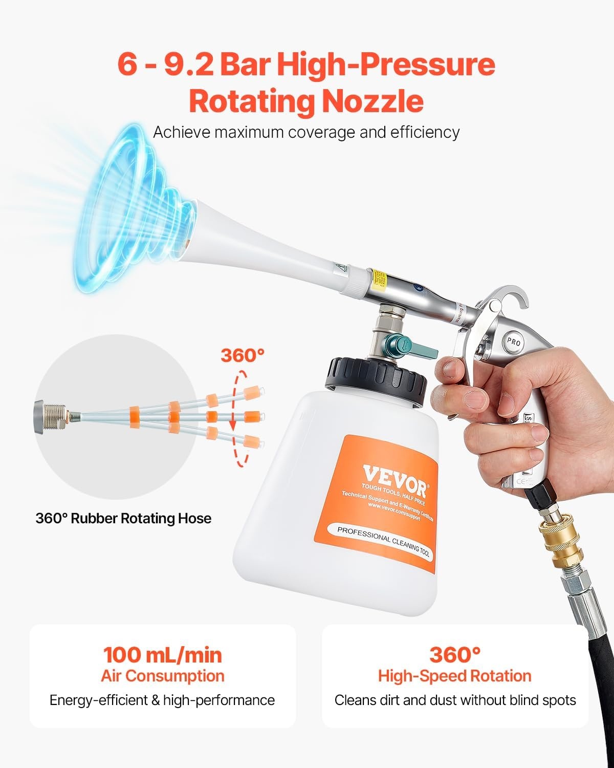 image:imageVEVOR Car Cleaning Gun 692 Bar HighPressure Air Blow Gun with 2 Set Nozzles amp 1L Liquid Bottle Vortex Cleaning Gun Quickly Blasts Dirt and Dust from Surface Work with 14 NPT Air CompressorRubber Rotating Hose
