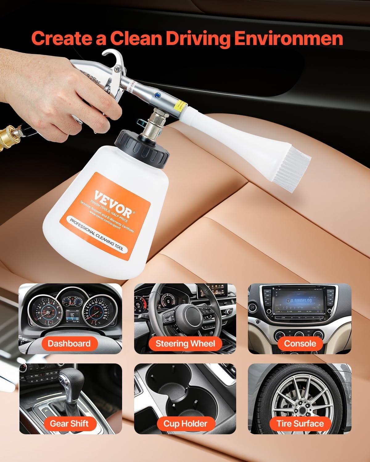 image:imageVEVOR Car Cleaning Gun 692 Bar HighPressure Air Blow Gun with 2 Set Nozzles amp 1L Liquid Bottle Vortex Cleaning Gun Quickly Blasts Dirt and Dust from Surface Work with 14 NPT Air CompressorRubber Rotating Hose