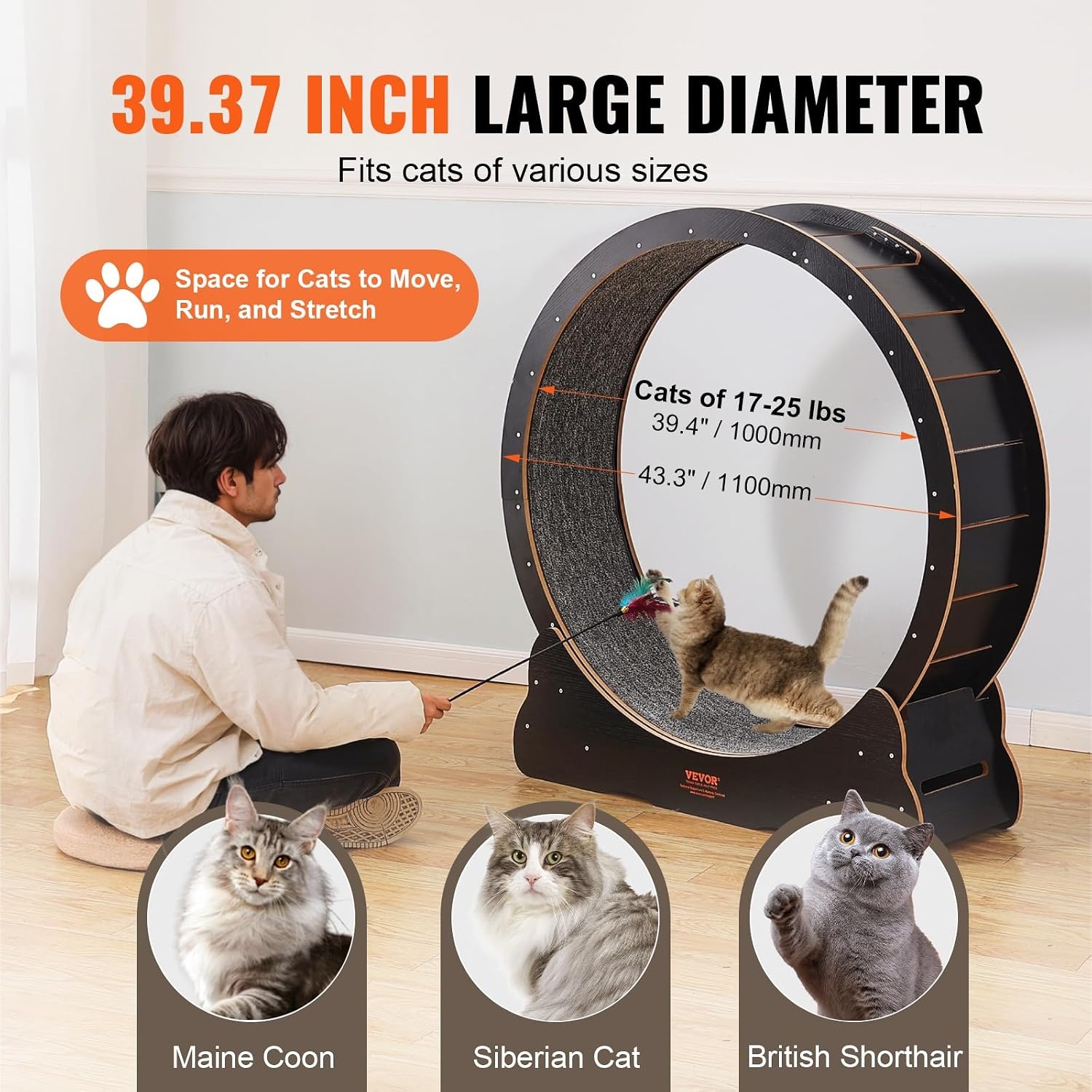 image:imageVEVOR Cat Exercise Wheel 433 Large Cat Treadmill Wheel for Indoor Cats Cat Running Wheel with Detachable Carpet amp Cat Teaser for RunningWalkingTraining Suitable for Most Cats YellowBlack433in