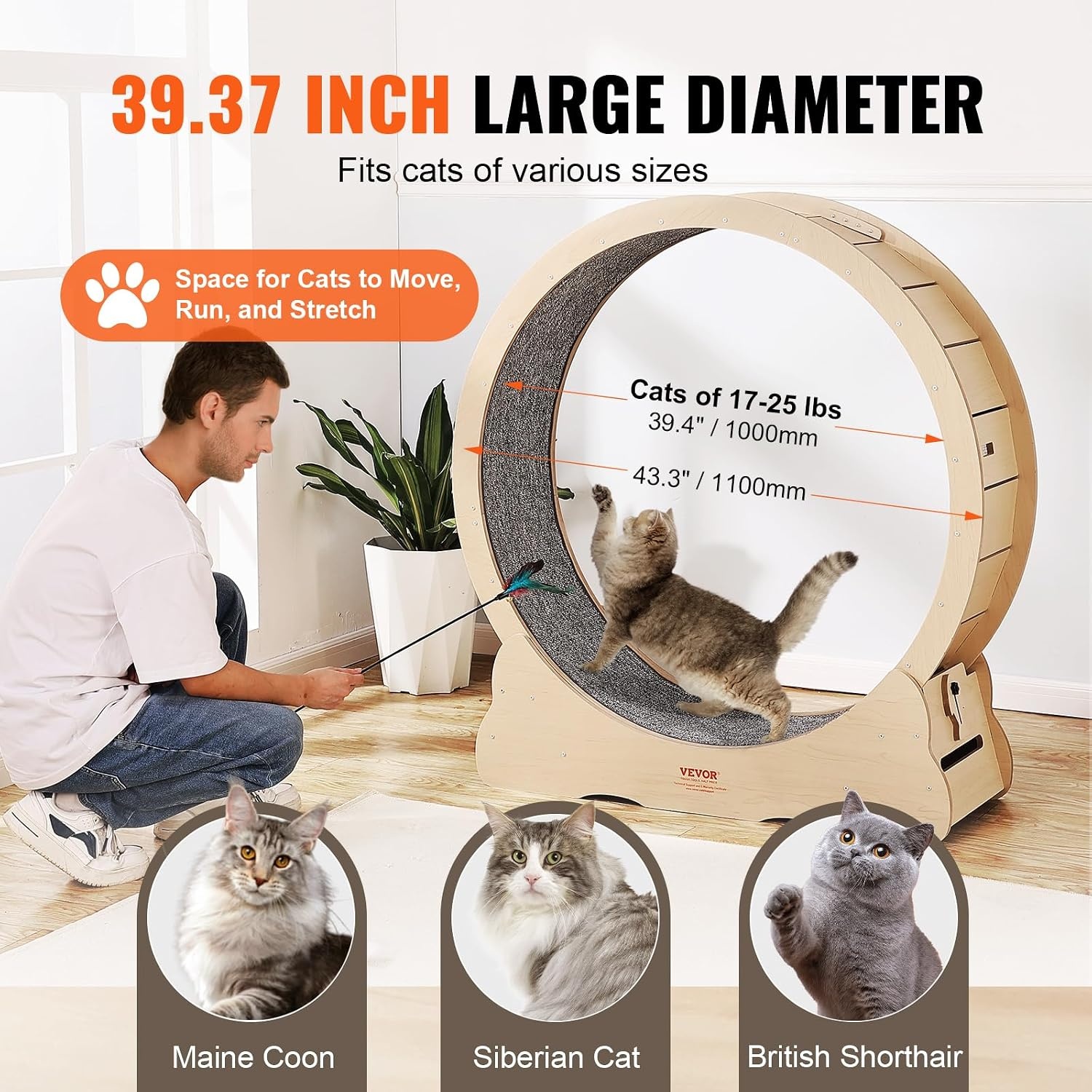 image:imageVEVOR Cat Exercise Wheel 433 Large Cat Treadmill Wheel for Indoor Cats Cat Running Wheel with Detachable Carpet amp Cat Teaser for RunningWalkingTraining Suitable for Most Cats Yellow433in