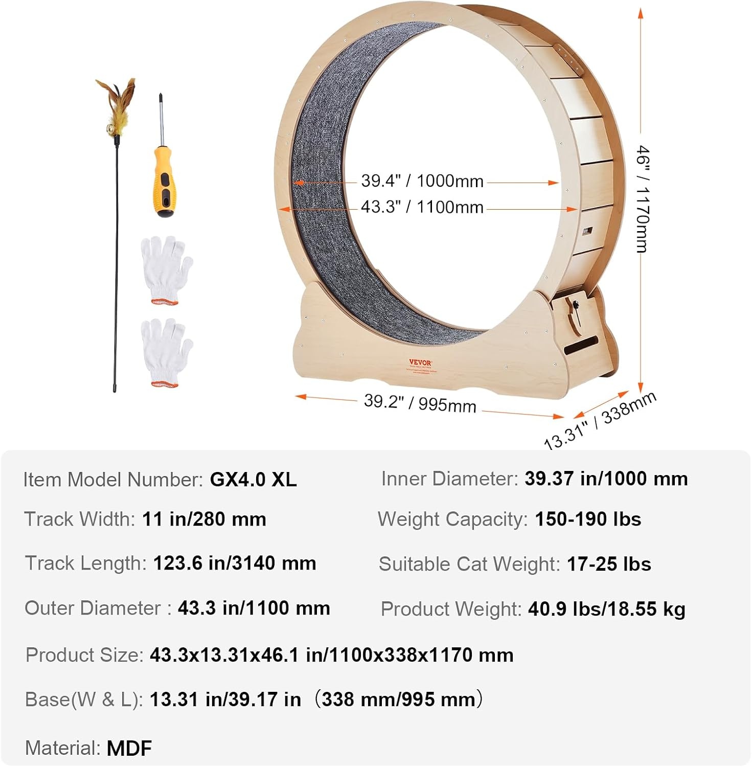 image:imageVEVOR Cat Exercise Wheel 433 Large Cat Treadmill Wheel for Indoor Cats Cat Running Wheel with Detachable Carpet amp Cat Teaser for RunningWalkingTraining Suitable for Most Cats Yellow433in