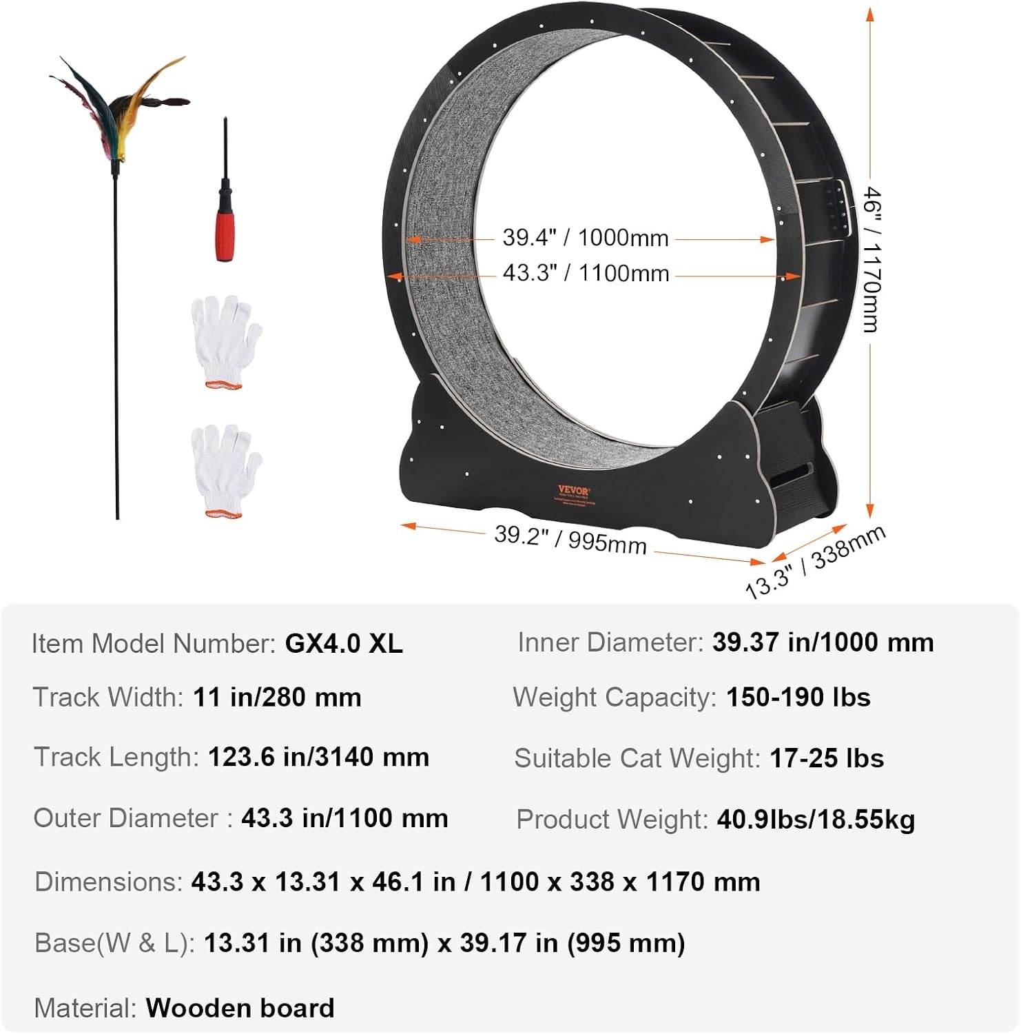 image:imageVEVOR Cat Exercise Wheel 433 Large Cat Treadmill Wheel for Indoor Cats Cat Running Wheel with Detachable Carpet amp Cat Teaser for RunningWalkingTraining Suitable for Most Cats YellowBlack433in