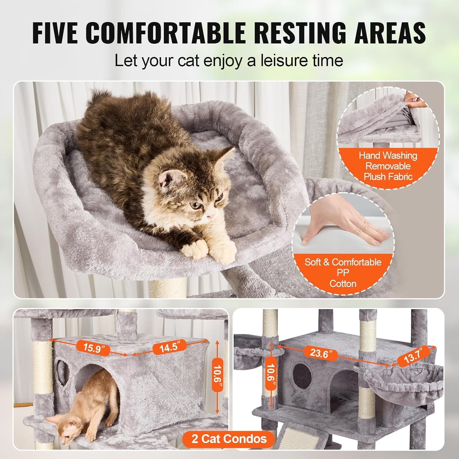 image:imageVEVOR Cat Tree for Indoor Cats 63 Cat Tower with 2 Cat Condos Sisal Scratching Post Hammock Top Perch Jumping Platforms Large Cat Furniture Activity Center with Hang Ball Light GreyLight Grey