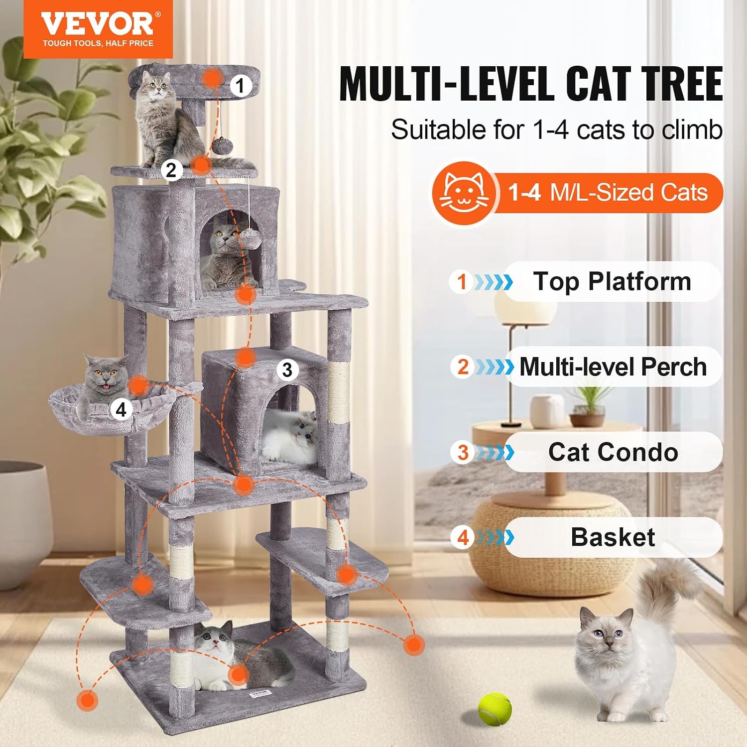 image:imageVEVOR Cat Tree for Indoor Cats 63 Cat Tower with 2 Cat Condos Sisal Scratching Post Hammock Top Perch Jumping Platforms Large Cat Furniture Activity Center with Hang Ball Light GreyLight Grey