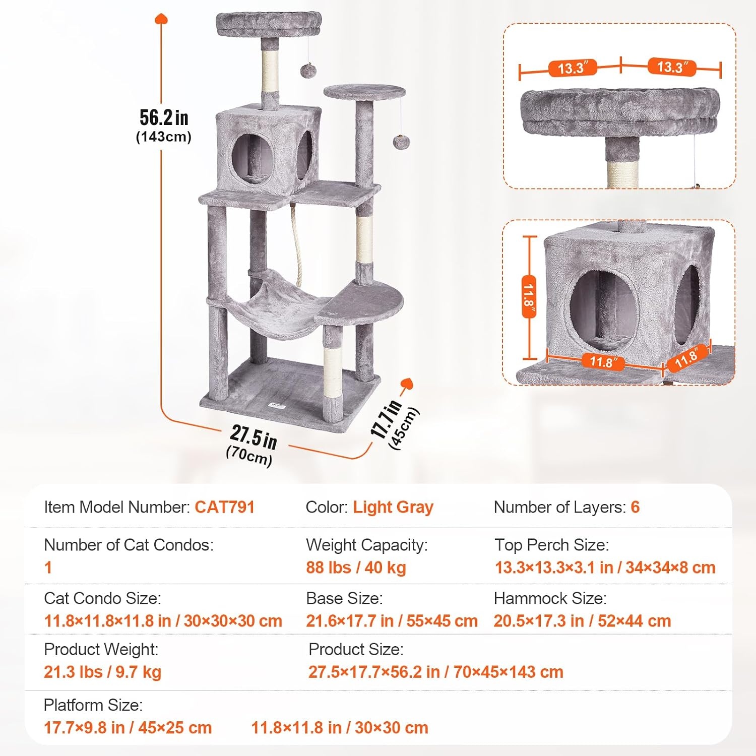 image:imageVEVOR Cat Tree for Indoor Cats 63 Cat Tower with 2 Cat Condos Sisal Scratching Post Hammock Top Perch Jumping Platforms Large Cat Furniture Activity Center with Hang Ball Light GreyLight Grey