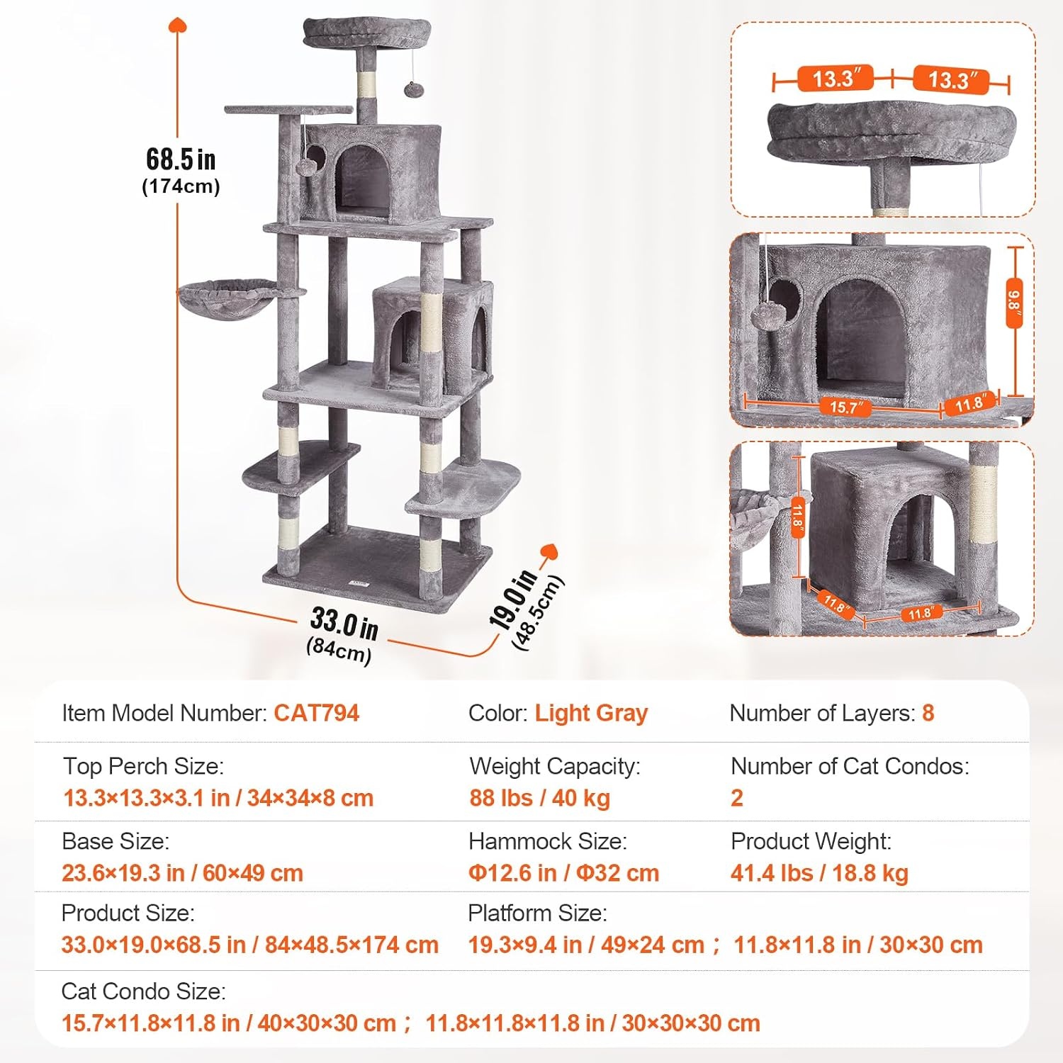image:imageVEVOR Cat Tree for Indoor Cats 63 Cat Tower with 2 Cat Condos Sisal Scratching Post Hammock Top Perch Jumping Platforms Large Cat Furniture Activity Center with Hang Ball Light GreyLight Grey