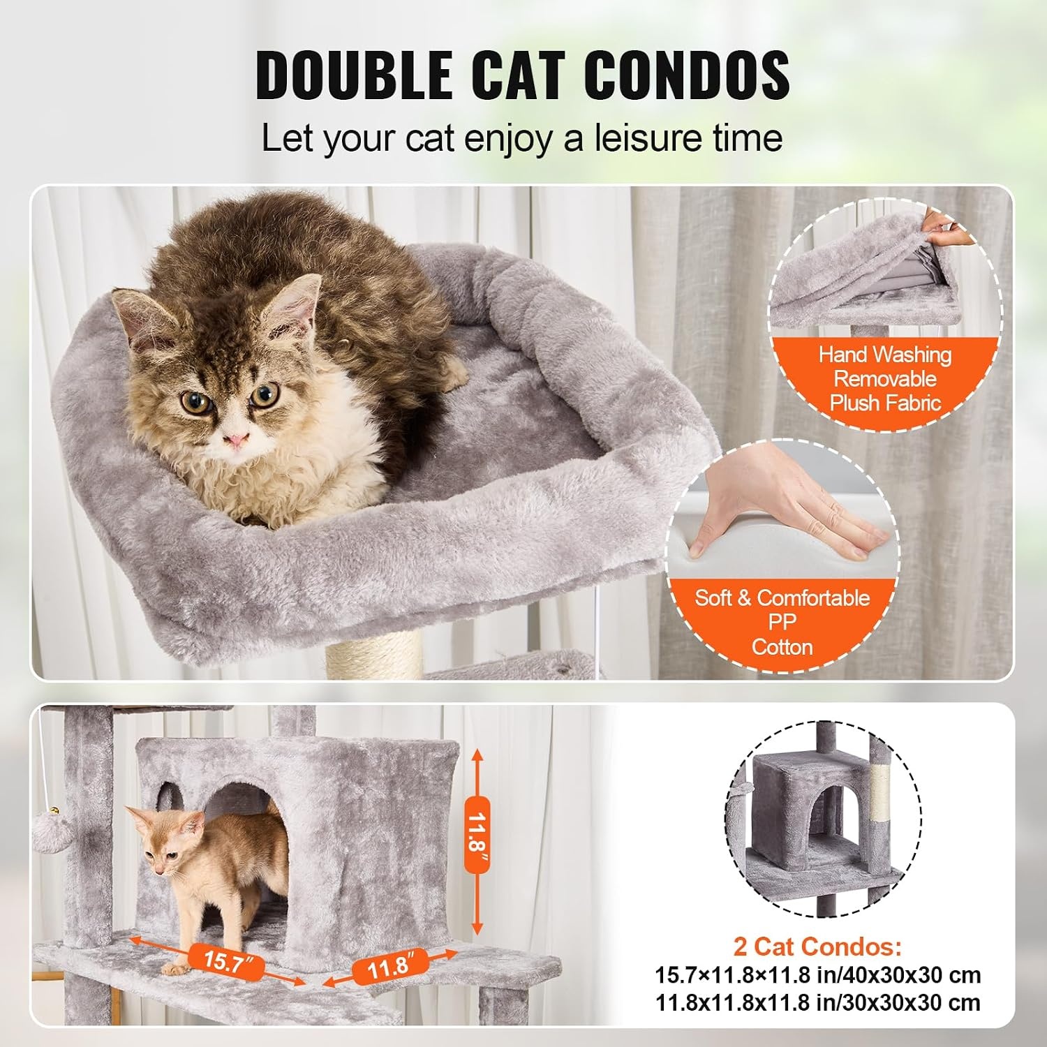 image:imageVEVOR Cat Tree for Indoor Cats 63 Cat Tower with 2 Cat Condos Sisal Scratching Post Hammock Top Perch Jumping Platforms Large Cat Furniture Activity Center with Hang Ball Light GreyLight Grey