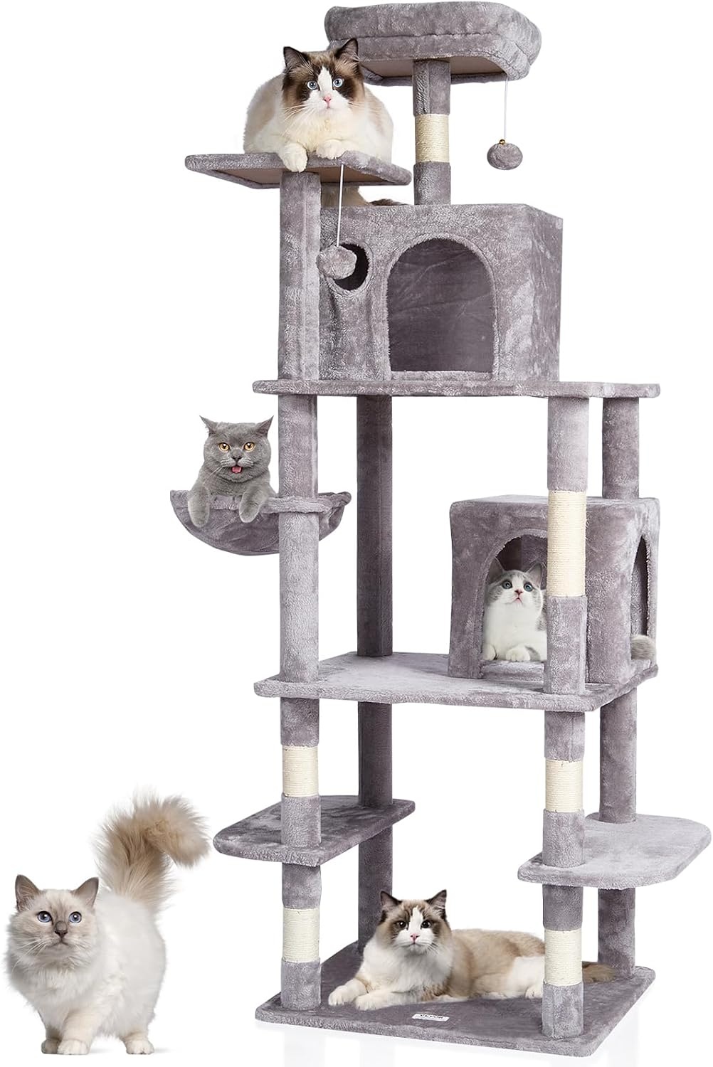 image:imageVEVOR Cat Tree for Indoor Cats 63 Cat Tower with 2 Cat Condos Sisal Scratching Post Hammock Top Perch Jumping Platforms Large Cat Furniture Activity Center with Hang Ball Light GreyLight Grey