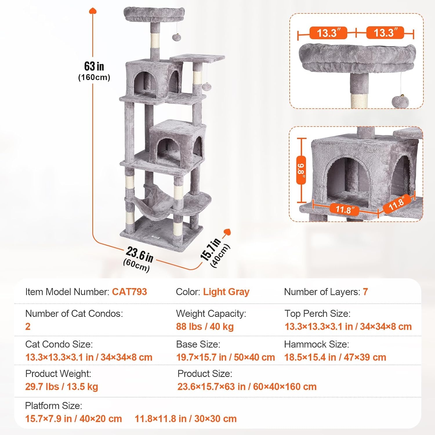 image:imageVEVOR Cat Tree for Indoor Cats 63 Cat Tower with 2 Cat Condos Sisal Scratching Post Hammock Top Perch Jumping Platforms Large Cat Furniture Activity Center with Hang Ball Light GreyLight Grey