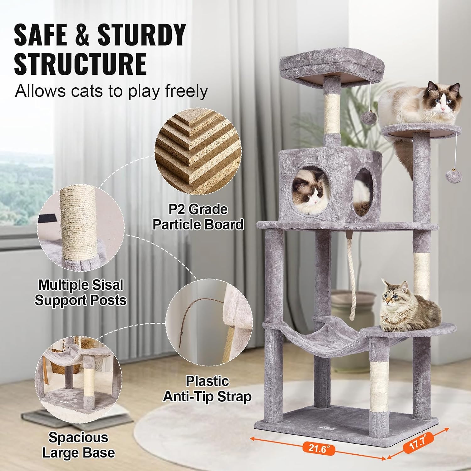 image:imageVEVOR Cat Tree for Indoor Cats 63 Cat Tower with 2 Cat Condos Sisal Scratching Post Hammock Top Perch Jumping Platforms Large Cat Furniture Activity Center with Hang Ball Light GreyLight Grey