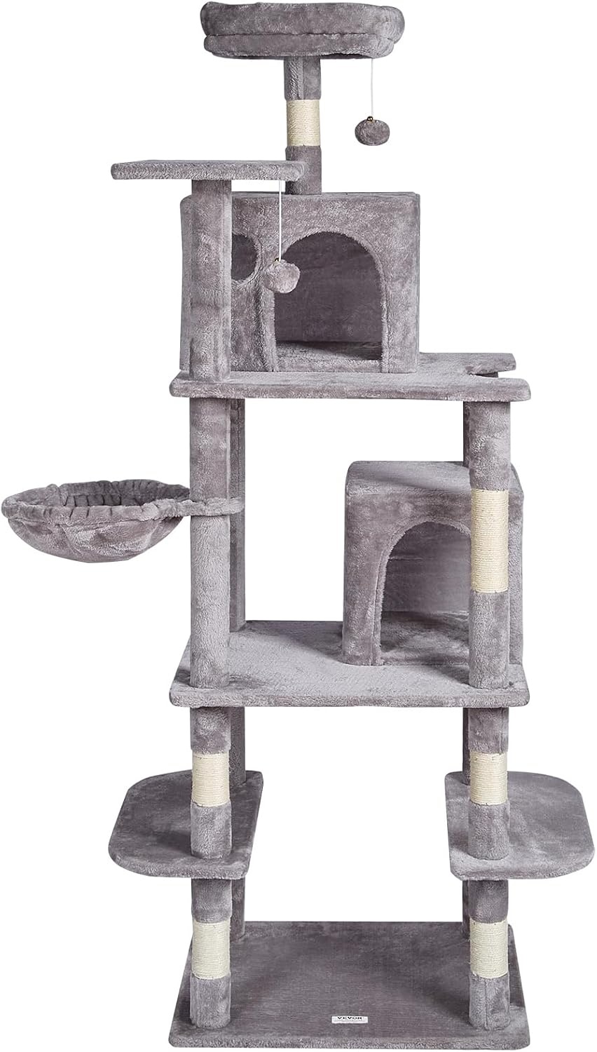 image:imageVEVOR Cat Tree for Indoor Cats 63 Cat Tower with 2 Cat Condos Sisal Scratching Post Hammock Top Perch Jumping Platforms Large Cat Furniture Activity Center with Hang Ball Light GreyLight Grey