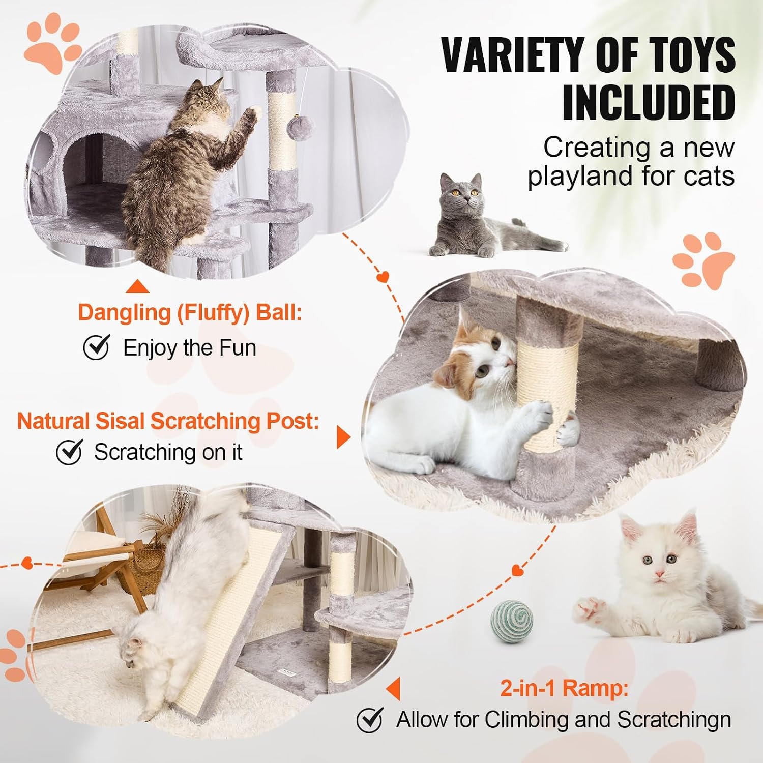 image:imageVEVOR Cat Tree for Indoor Cats 63 Cat Tower with 2 Cat Condos Sisal Scratching Post Hammock Top Perch Jumping Platforms Large Cat Furniture Activity Center with Hang Ball Light GreyLight Grey