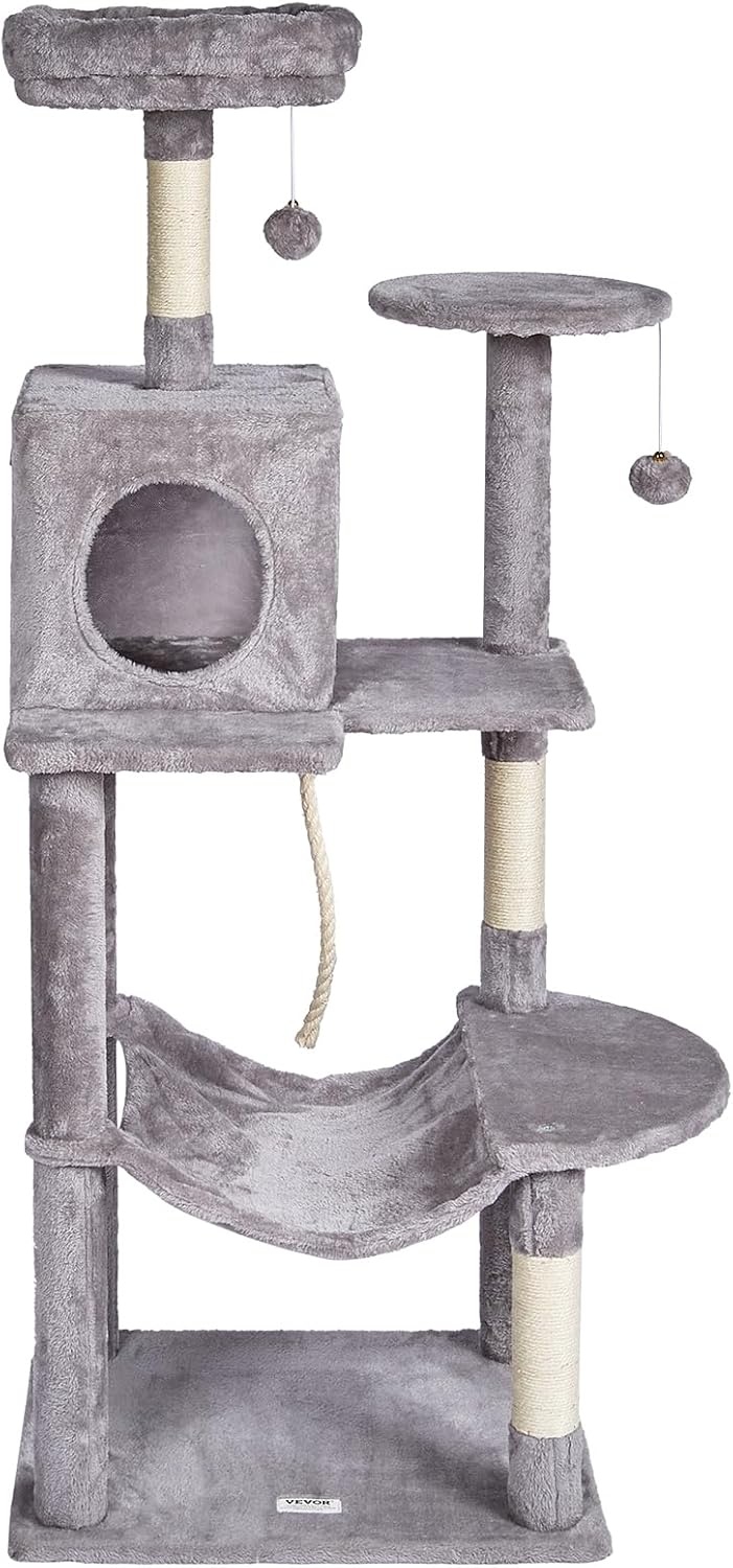 image:imageVEVOR Cat Tree for Indoor Cats 63 Cat Tower with 2 Cat Condos Sisal Scratching Post Hammock Top Perch Jumping Platforms Large Cat Furniture Activity Center with Hang Ball Light GreyLight Grey