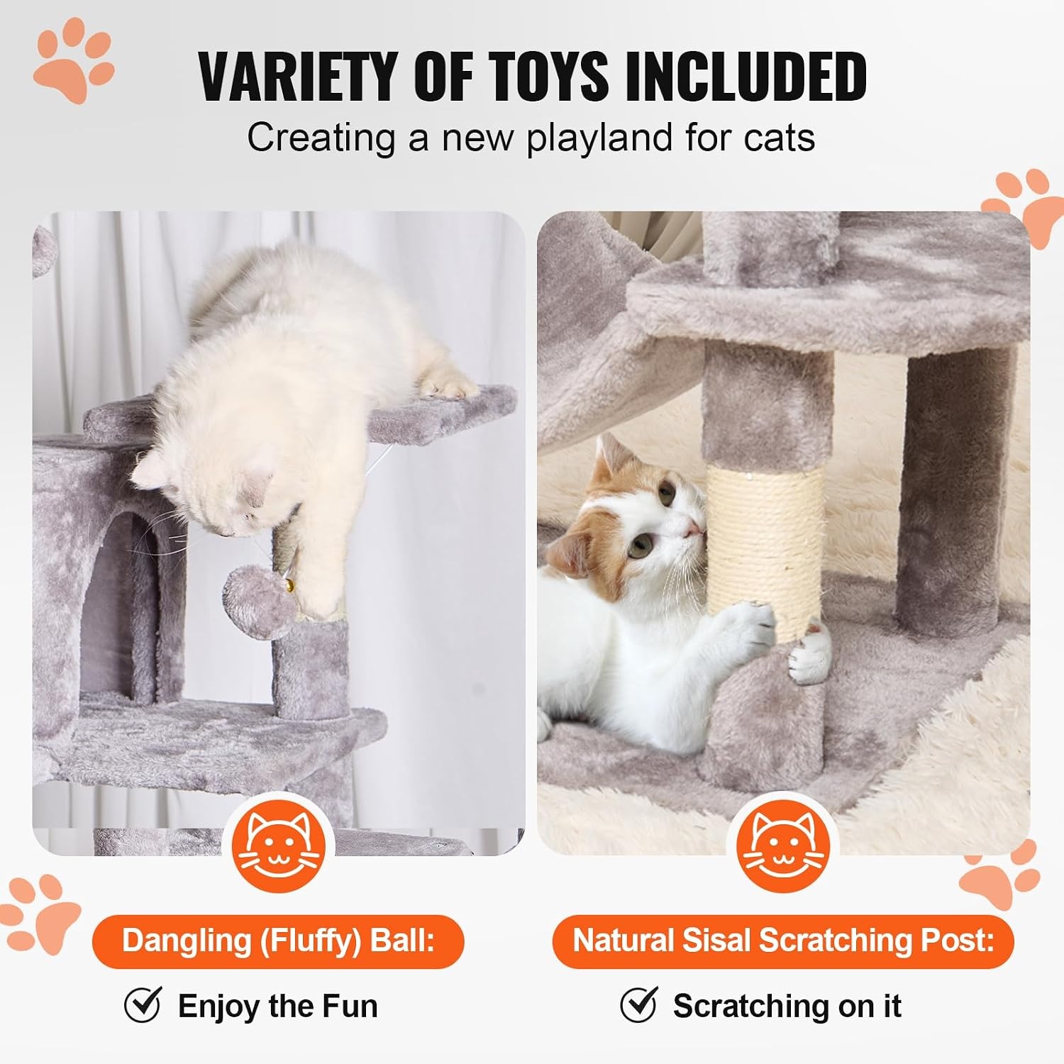 image:imageVEVOR Cat Tree for Indoor Cats 63 Cat Tower with 2 Cat Condos Sisal Scratching Post Hammock Top Perch Jumping Platforms Large Cat Furniture Activity Center with Hang Ball Light GreyLight Grey