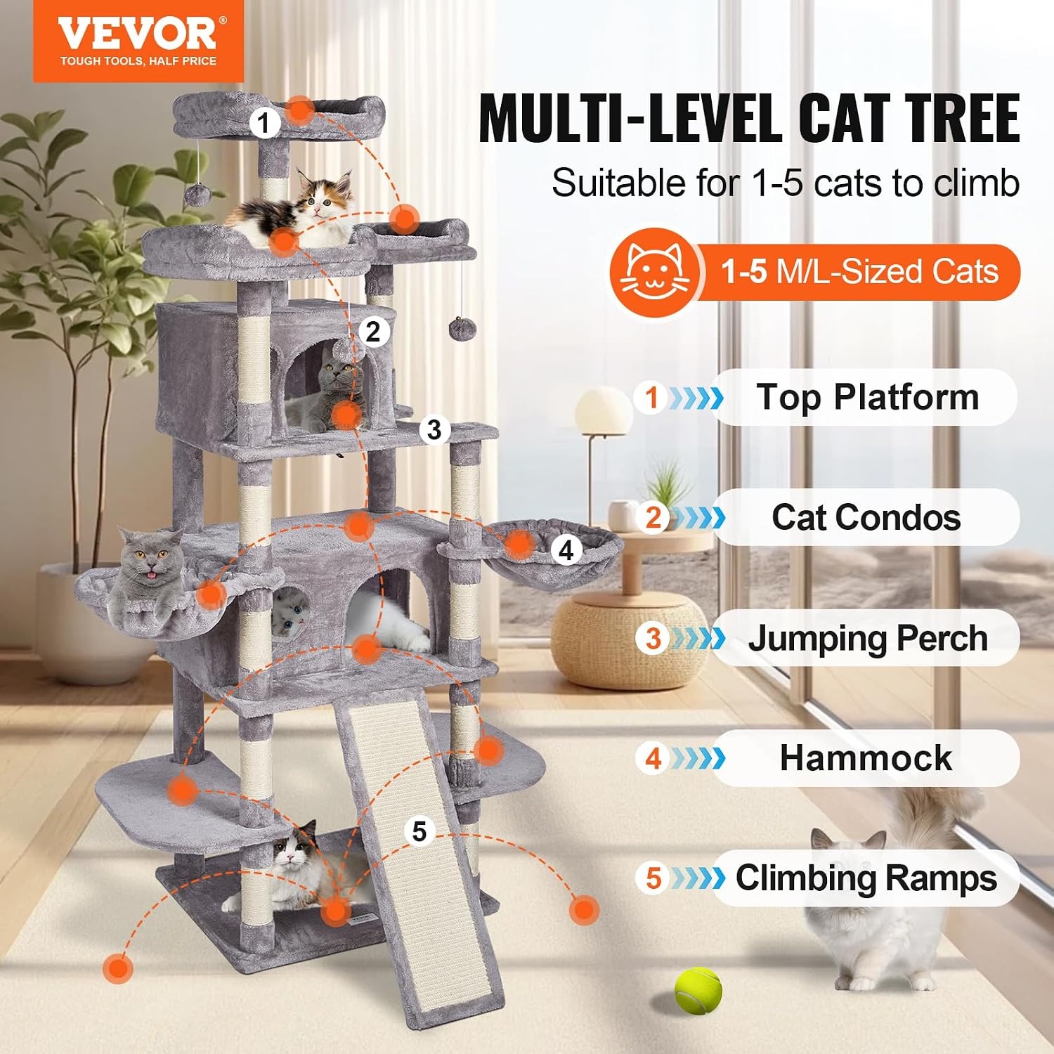 image:imageVEVOR Cat Tree for Indoor Cats 63 Cat Tower with 2 Cat Condos Sisal Scratching Post Hammock Top Perch Jumping Platforms Large Cat Furniture Activity Center with Hang Ball Light GreyLight Grey