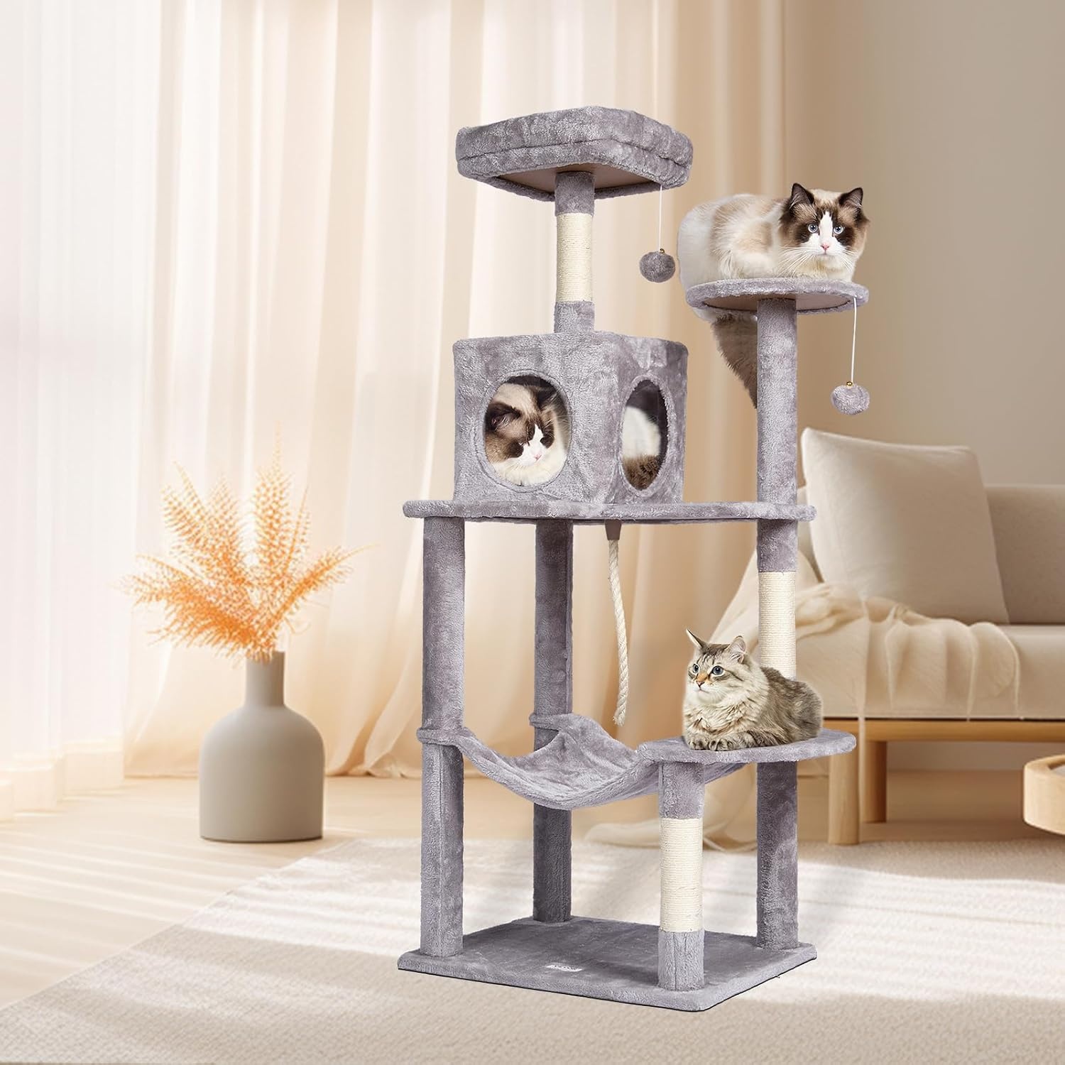 image:imageVEVOR Cat Tree for Indoor Cats 63 Cat Tower with 2 Cat Condos Sisal Scratching Post Hammock Top Perch Jumping Platforms Large Cat Furniture Activity Center with Hang Ball Light GreyLight Grey