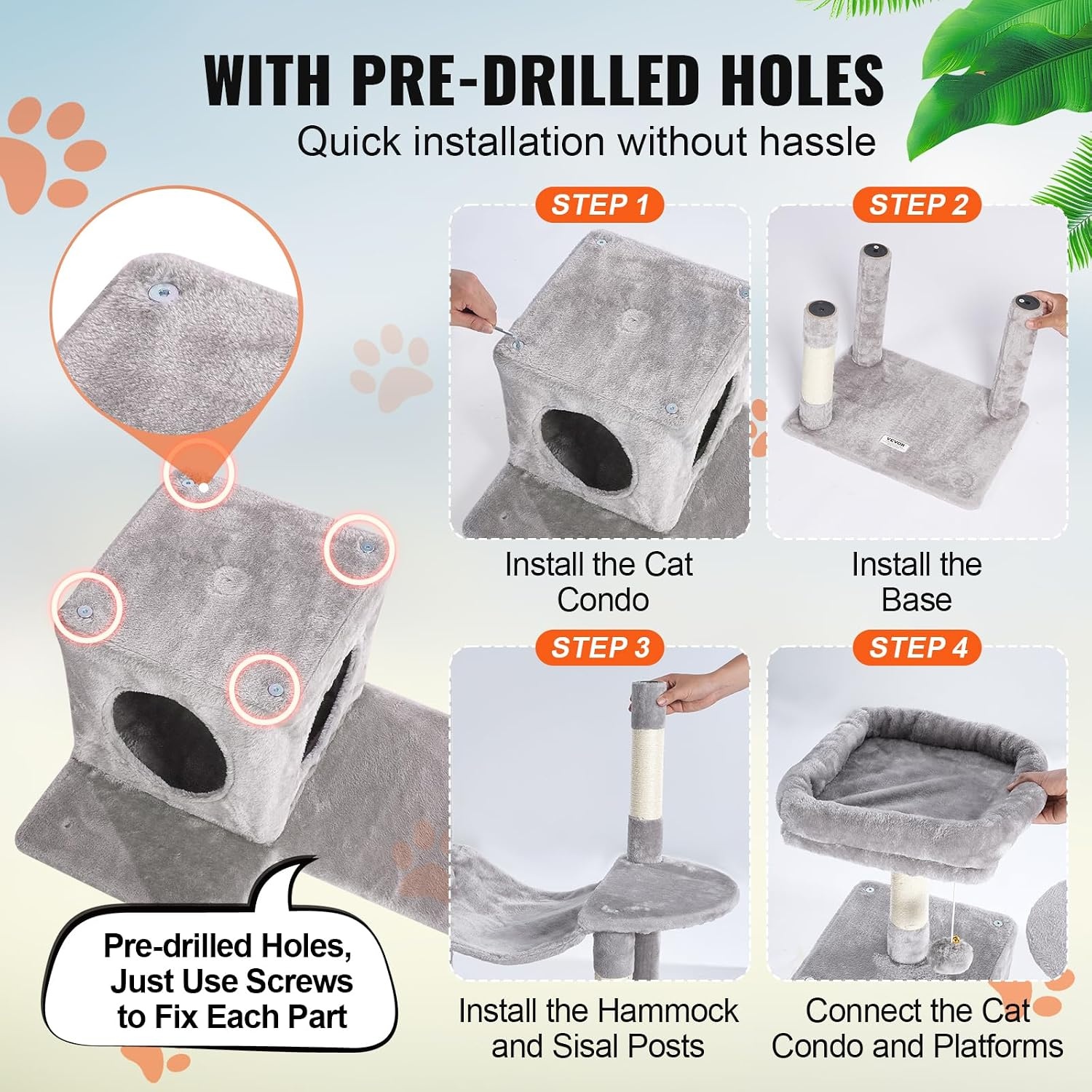 image:imageVEVOR Cat Tree for Indoor Cats 63 Cat Tower with 2 Cat Condos Sisal Scratching Post Hammock Top Perch Jumping Platforms Large Cat Furniture Activity Center with Hang Ball Light GreyLight Grey