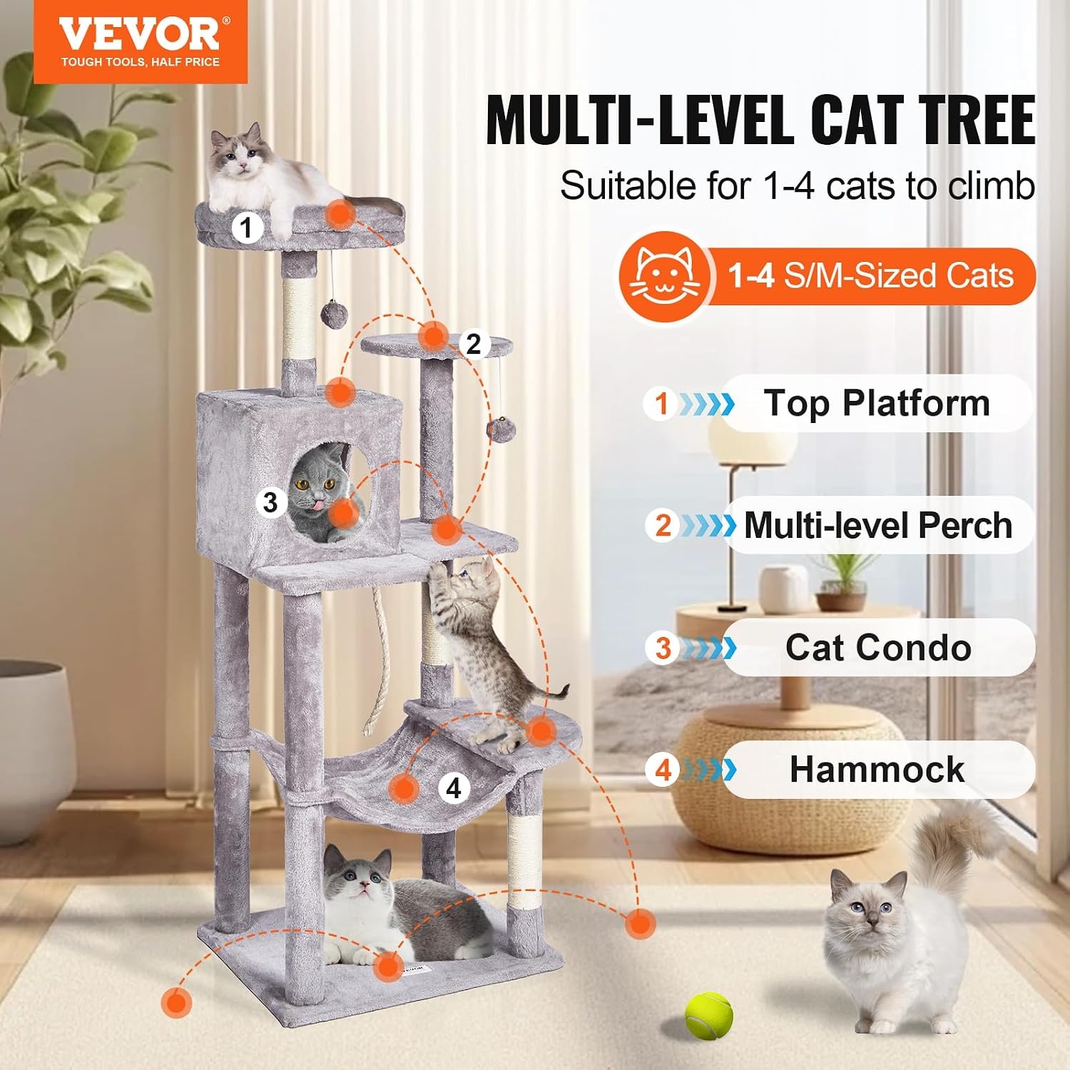 image:imageVEVOR Cat Tree for Indoor Cats 63 Cat Tower with 2 Cat Condos Sisal Scratching Post Hammock Top Perch Jumping Platforms Large Cat Furniture Activity Center with Hang Ball Light GreyLight Grey