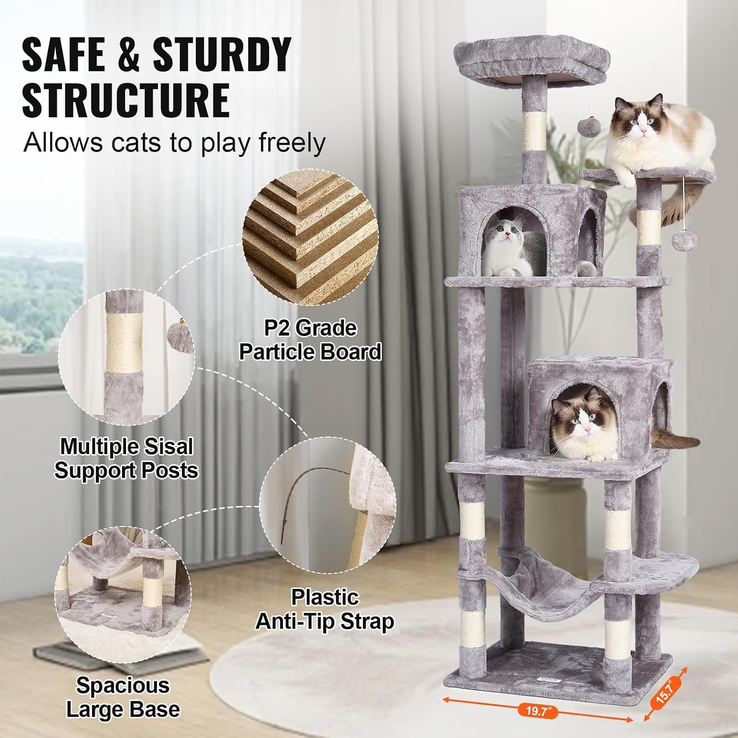 image:imageVEVOR Cat Tree for Indoor Cats 63 Cat Tower with 2 Cat Condos Sisal Scratching Post Hammock Top Perch Jumping Platforms Large Cat Furniture Activity Center with Hang Ball Light GreyLight Grey