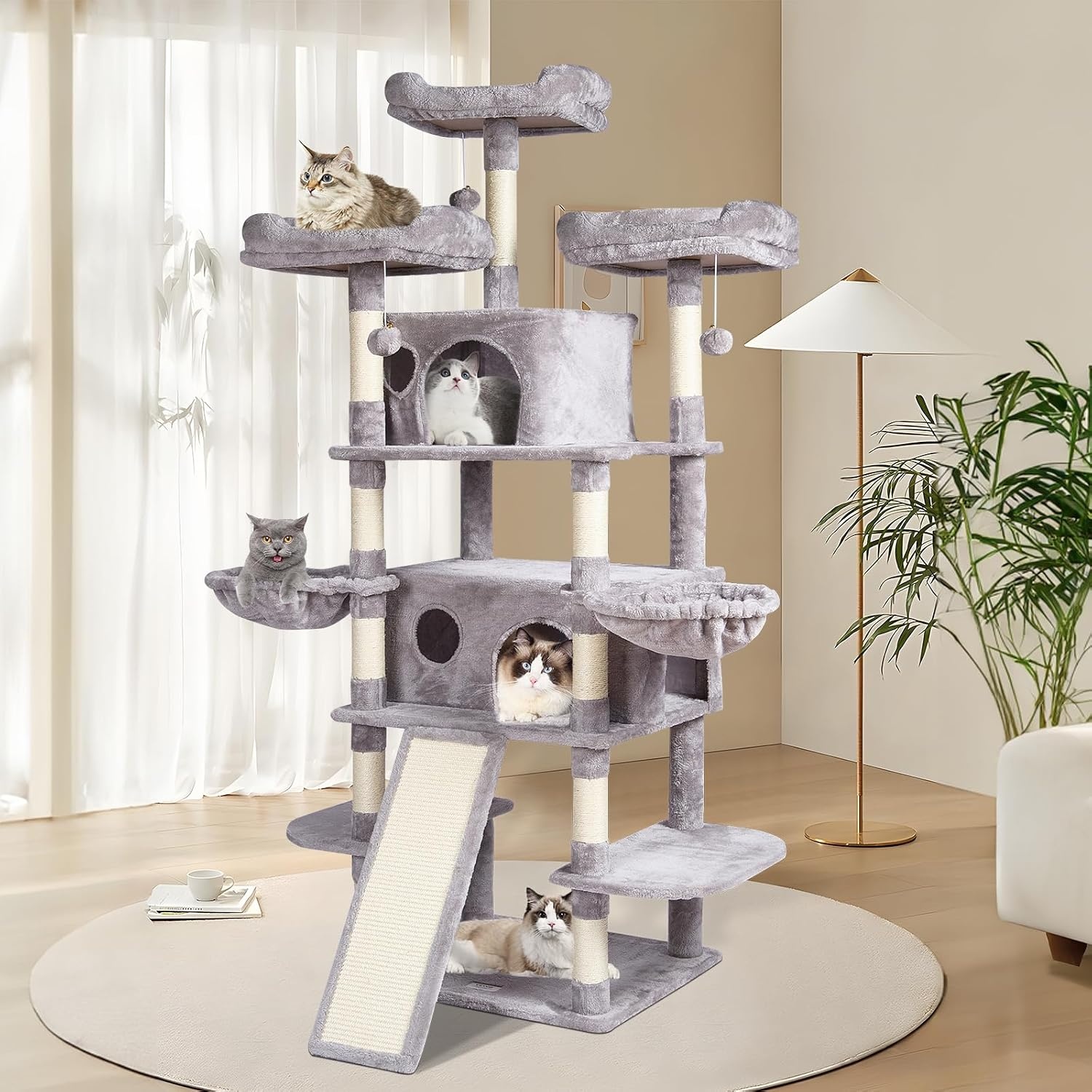 image:imageVEVOR Cat Tree for Indoor Cats 63 Cat Tower with 2 Cat Condos Sisal Scratching Post Hammock Top Perch Jumping Platforms Large Cat Furniture Activity Center with Hang Ball Light GreyLight Grey