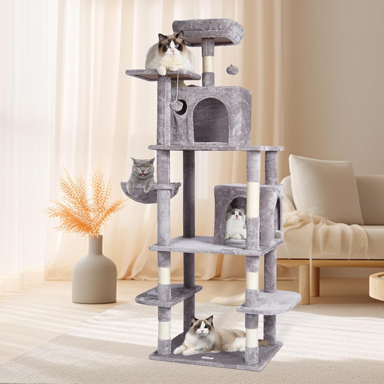 image:imageVEVOR Cat Tree for Indoor Cats 63 Cat Tower with 2 Cat Condos Sisal Scratching Post Hammock Top Perch Jumping Platforms Large Cat Furniture Activity Center with Hang Ball Light GreyLight Grey
