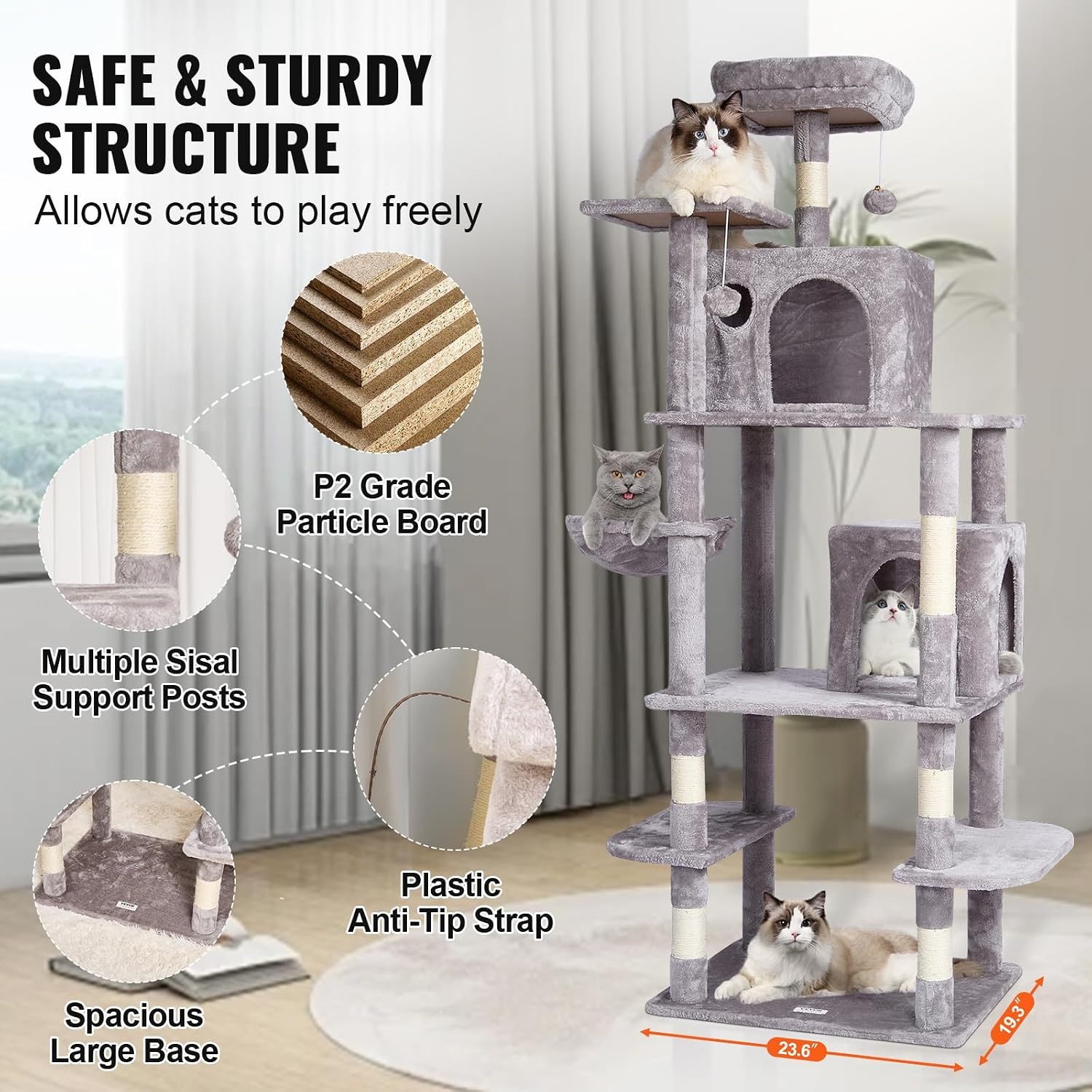 image:imageVEVOR Cat Tree for Indoor Cats 63 Cat Tower with 2 Cat Condos Sisal Scratching Post Hammock Top Perch Jumping Platforms Large Cat Furniture Activity Center with Hang Ball Light GreyLight Grey