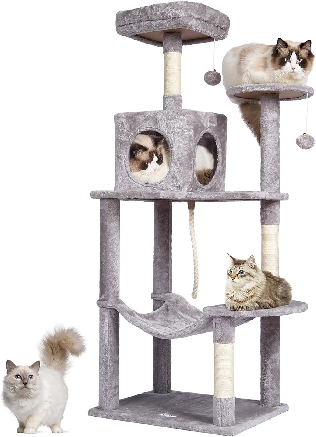 image:imageVEVOR Cat Tree for Indoor Cats 63 Cat Tower with 2 Cat Condos Sisal Scratching Post Hammock Top Perch Jumping Platforms Large Cat Furniture Activity Center with Hang Ball Light GreyLight Grey