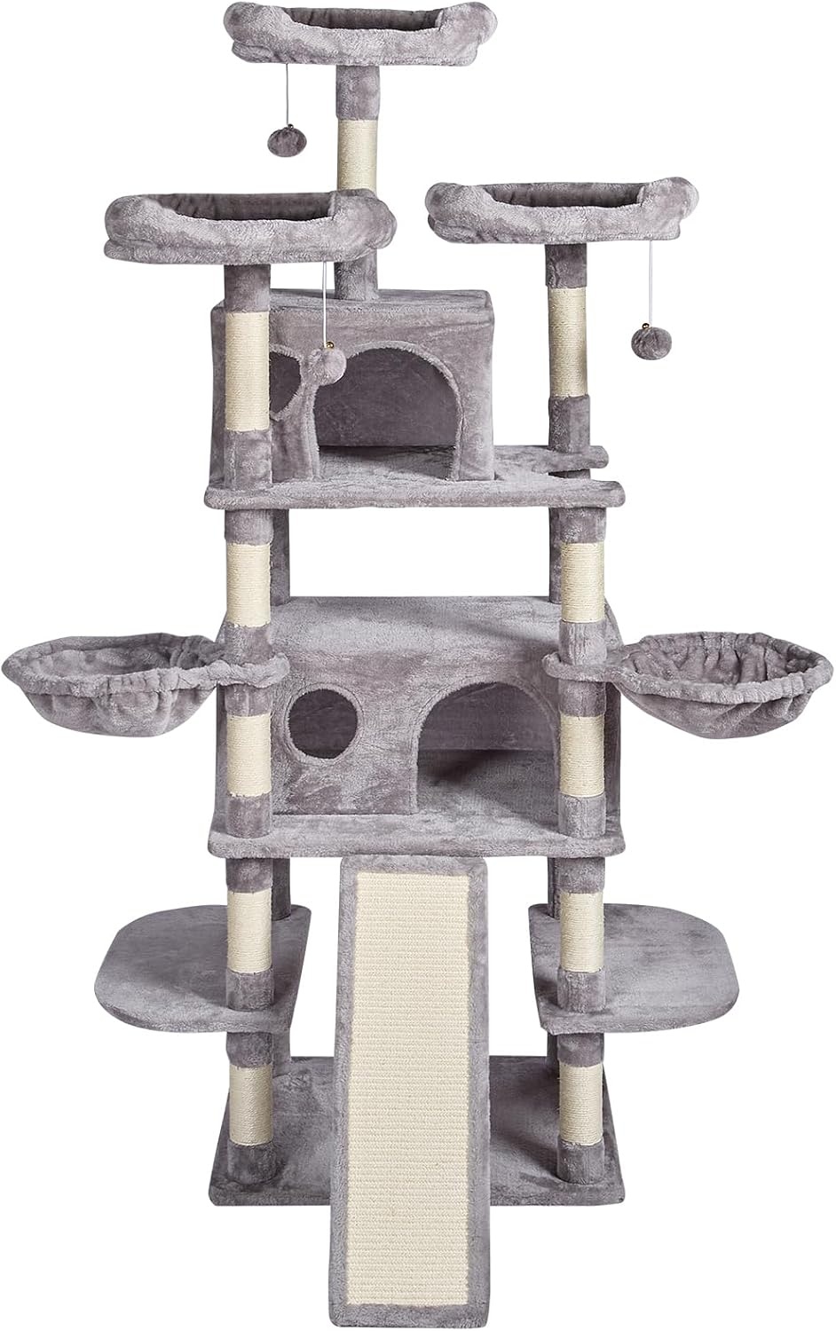 image:imageVEVOR Cat Tree for Indoor Cats 63 Cat Tower with 2 Cat Condos Sisal Scratching Post Hammock Top Perch Jumping Platforms Large Cat Furniture Activity Center with Hang Ball Light GreyLight Grey