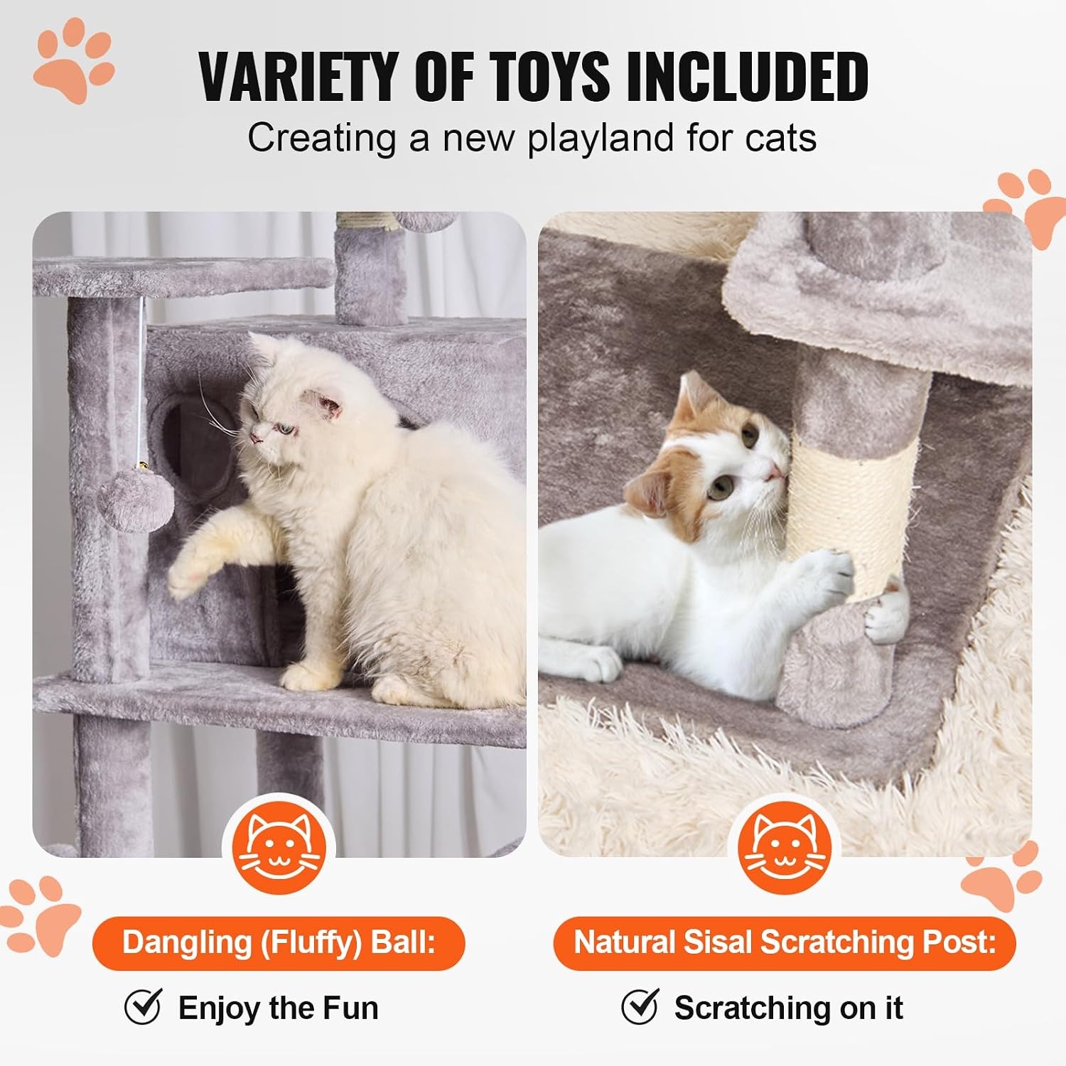 image:imageVEVOR Cat Tree for Indoor Cats 63 Cat Tower with 2 Cat Condos Sisal Scratching Post Hammock Top Perch Jumping Platforms Large Cat Furniture Activity Center with Hang Ball Light GreyLight Grey