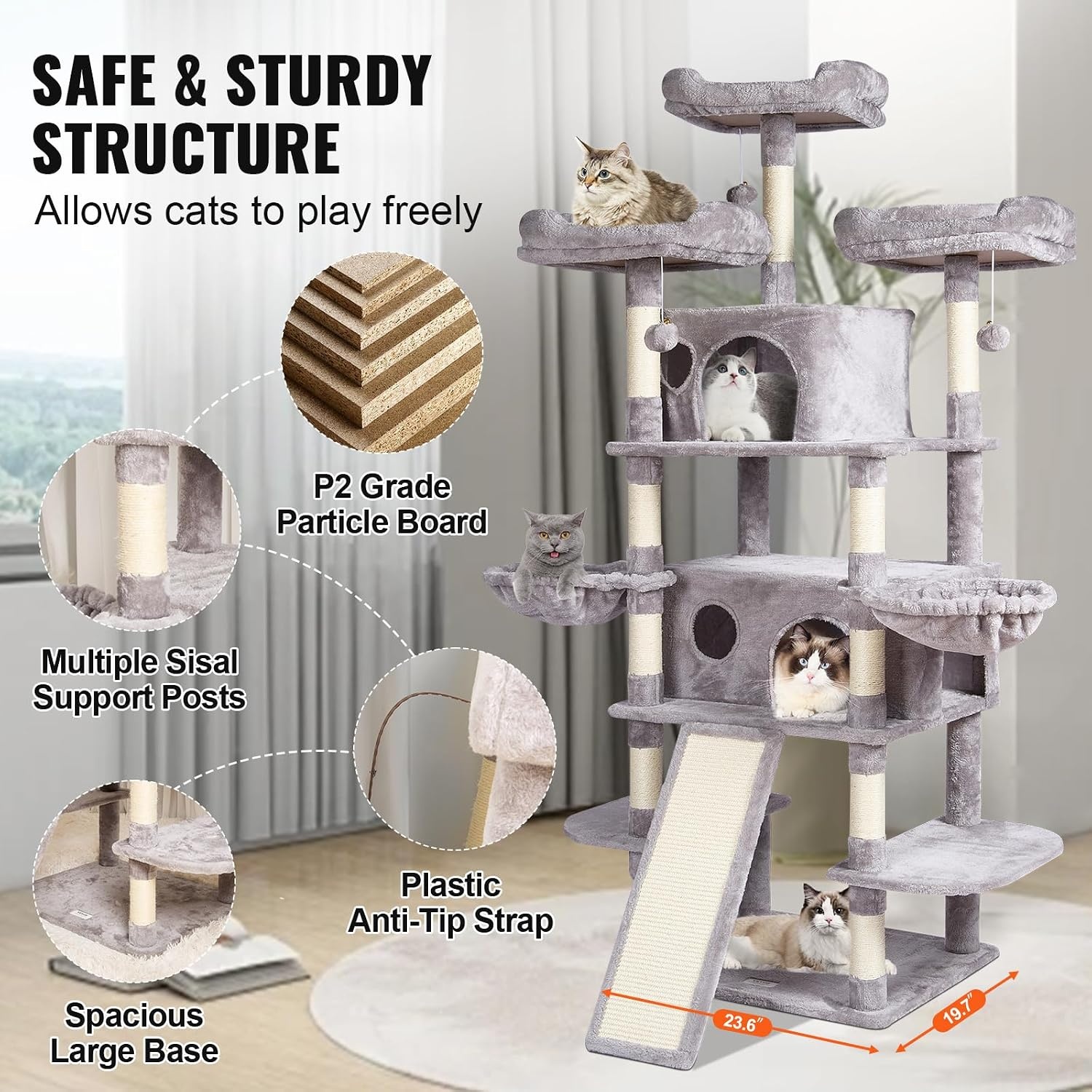 image:imageVEVOR Cat Tree for Indoor Cats 63 Cat Tower with 2 Cat Condos Sisal Scratching Post Hammock Top Perch Jumping Platforms Large Cat Furniture Activity Center with Hang Ball Light GreyLight Grey