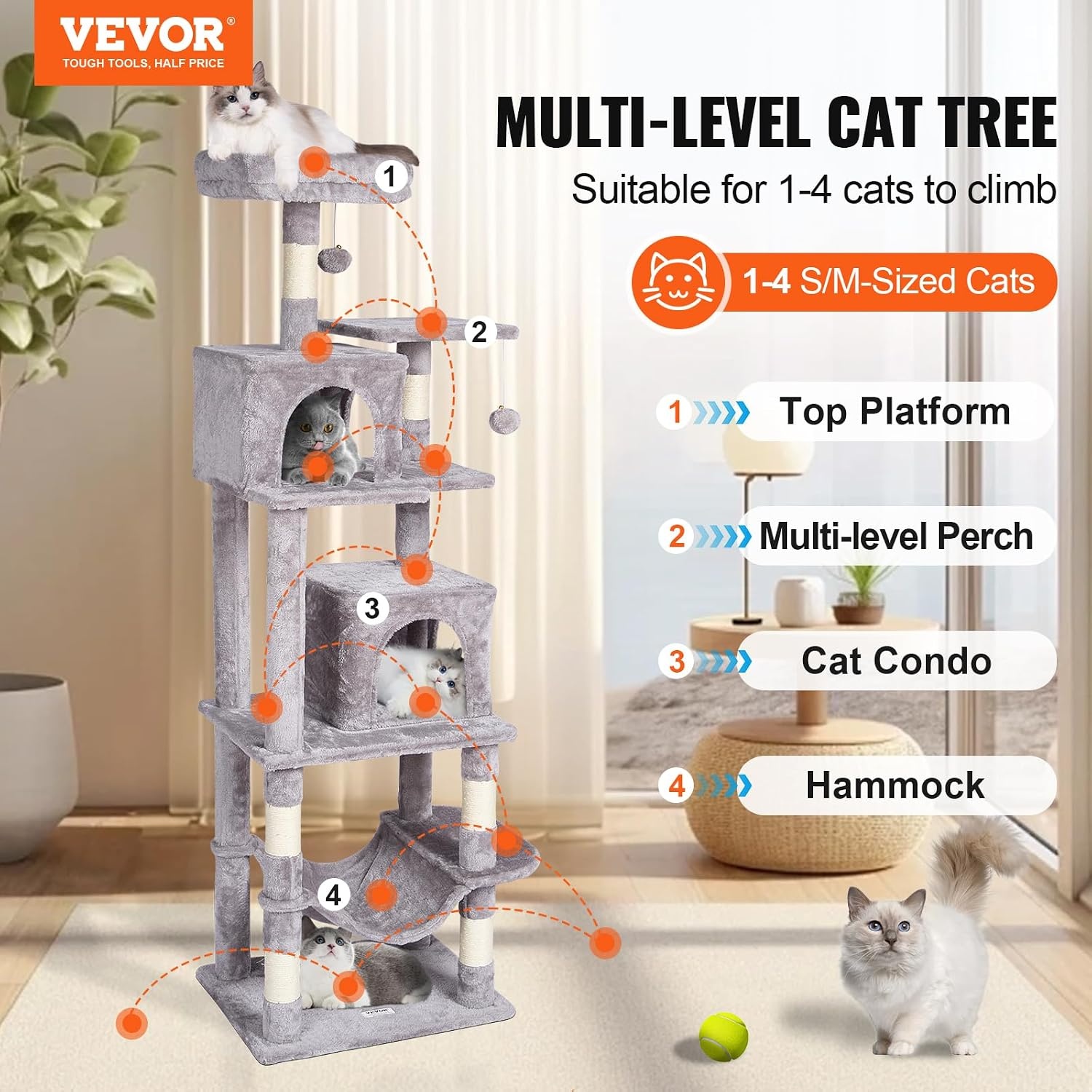 image:imageVEVOR Cat Tree for Indoor Cats 63 Cat Tower with 2 Cat Condos Sisal Scratching Post Hammock Top Perch Jumping Platforms Large Cat Furniture Activity Center with Hang Ball Light GreyLight Grey