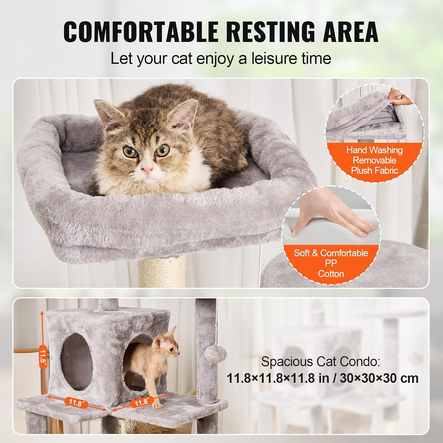 image:imageVEVOR Cat Tree for Indoor Cats 63 Cat Tower with 2 Cat Condos Sisal Scratching Post Hammock Top Perch Jumping Platforms Large Cat Furniture Activity Center with Hang Ball Light GreyLight Grey